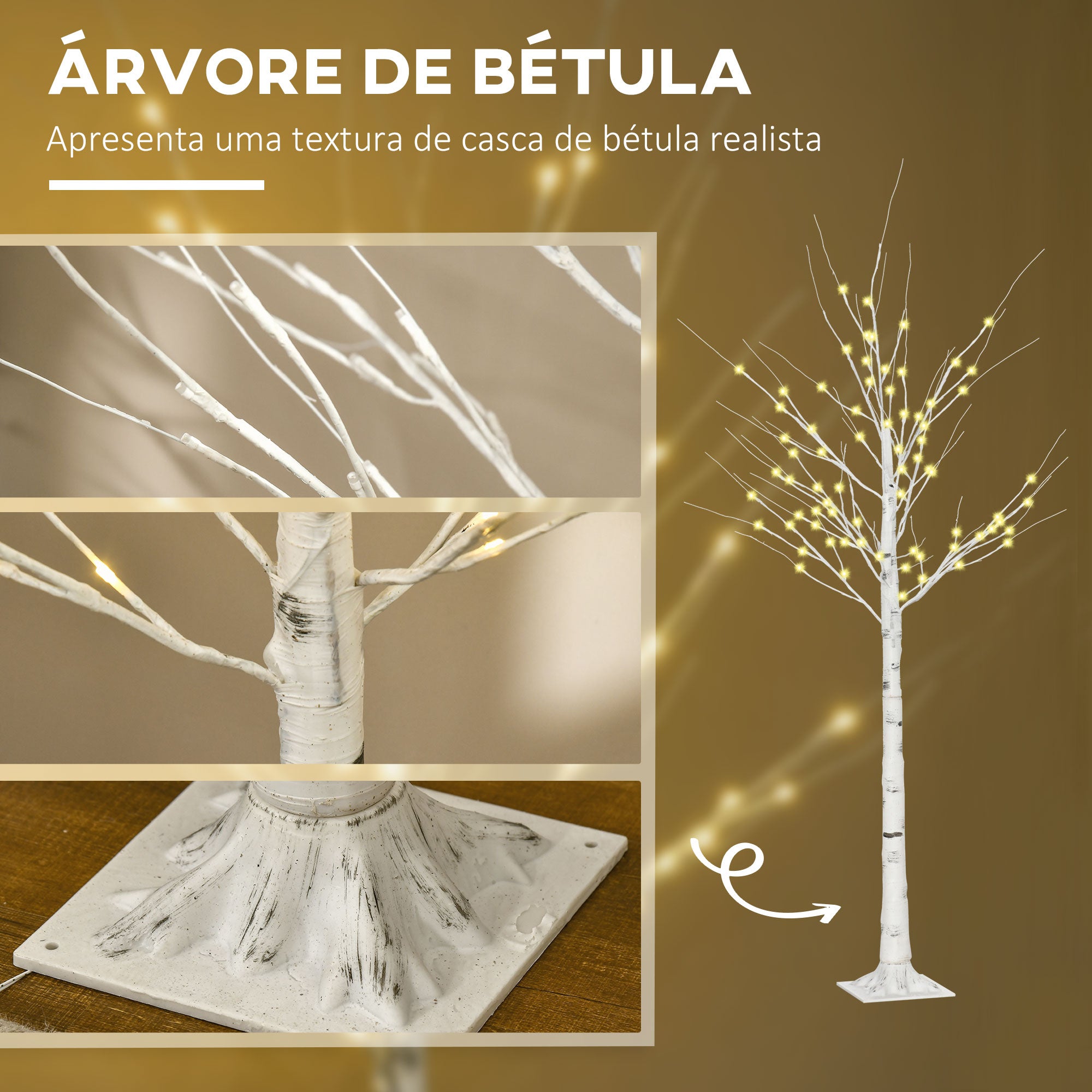 Árvore de Bétula Branca 180cm com 96 Luzes LED Branco Quente - 22x22x180 cm