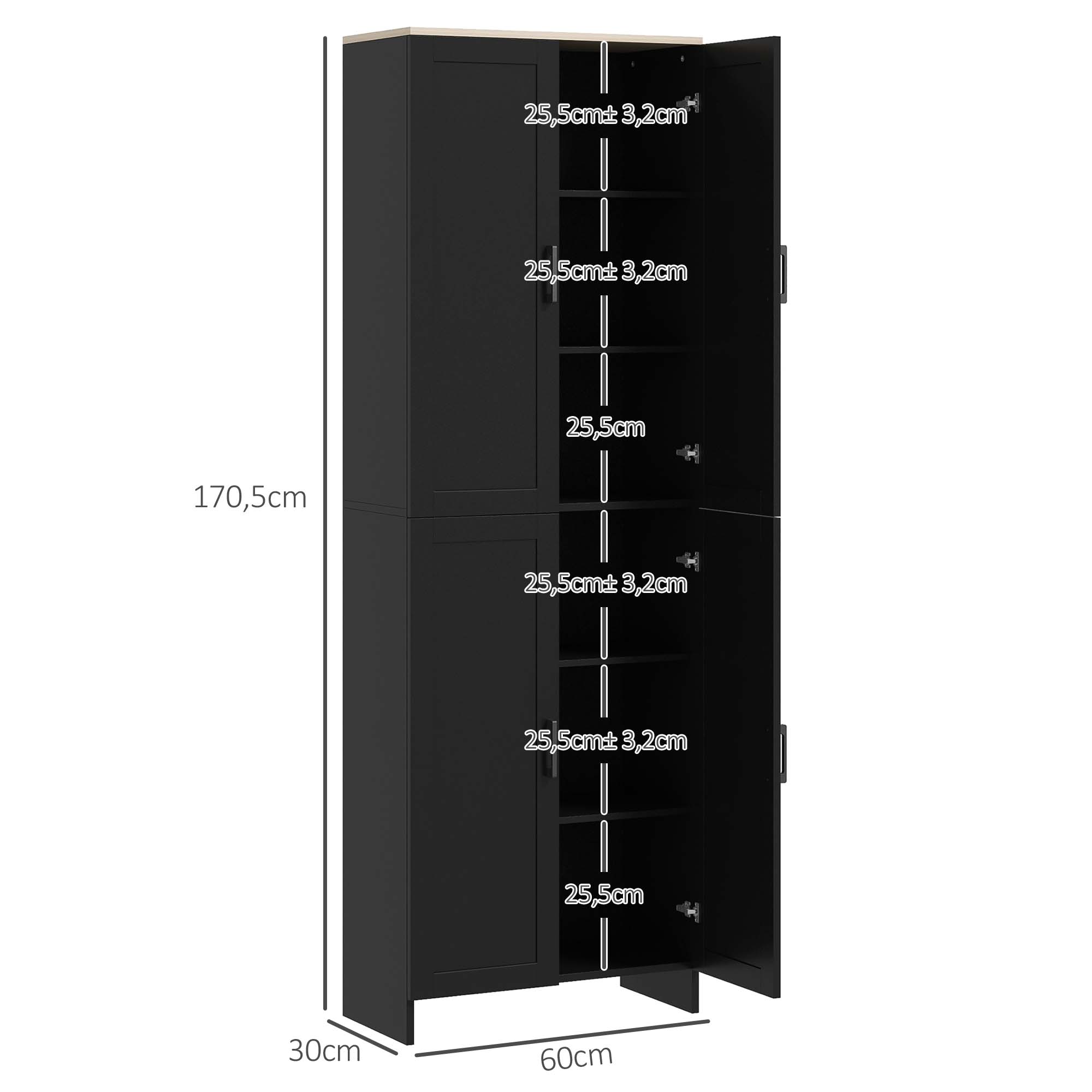 Armário de Cozinha com 4 Portas e Prateleiras Ajustáveis 60x30x170,5 cm - Preto