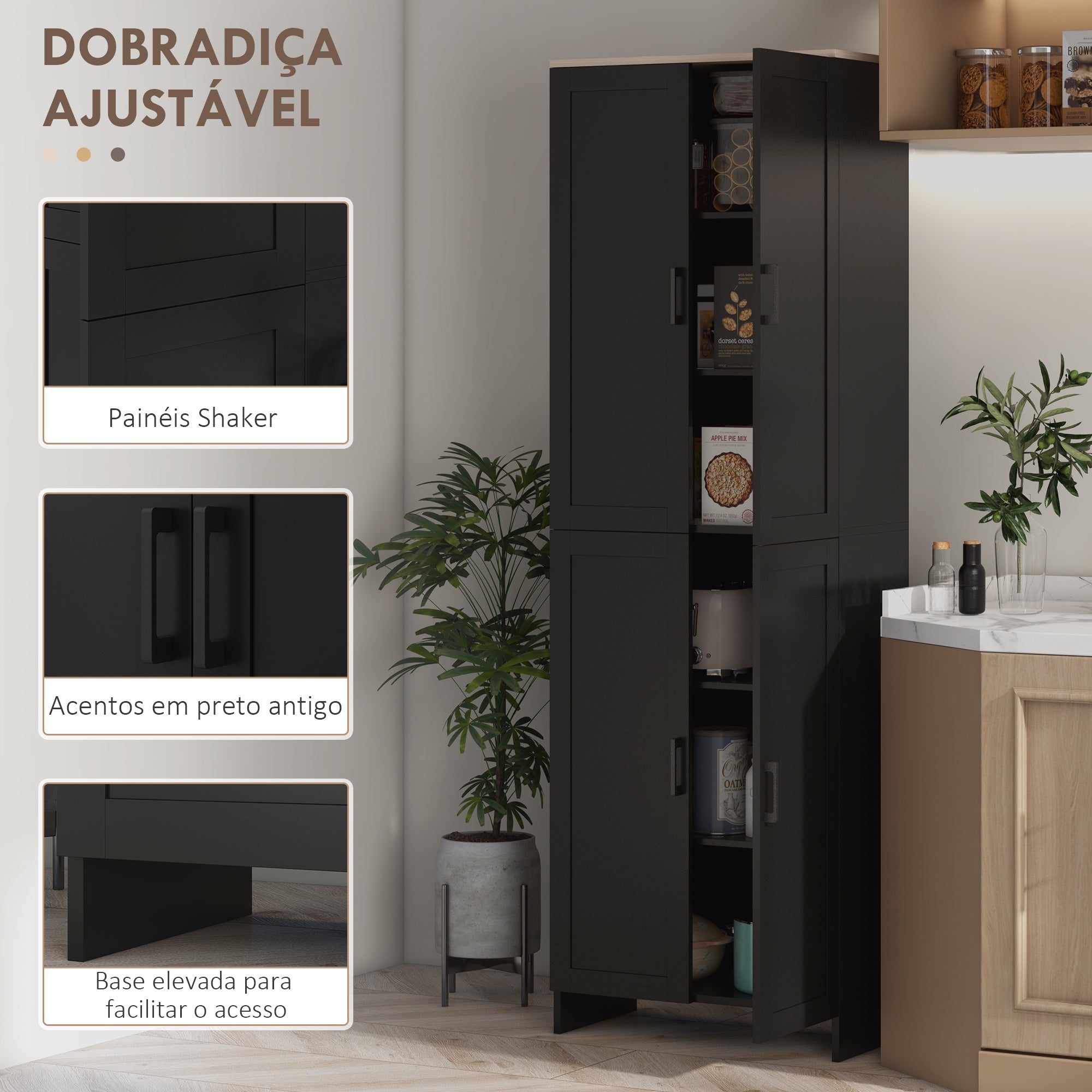 Armário de Cozinha com 4 Portas e Prateleiras Ajustáveis 60x30x170,5 cm - Preto