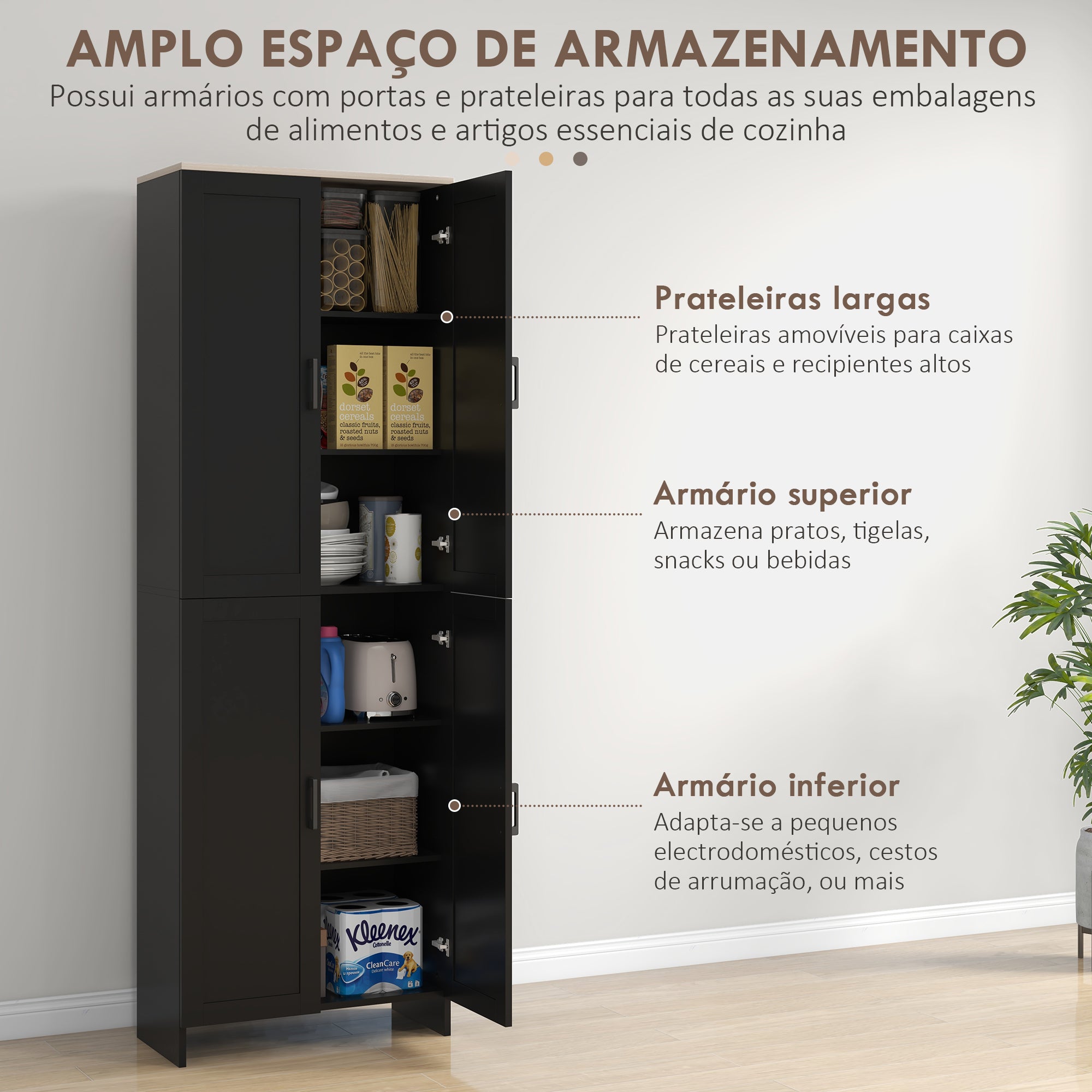 Armário de Cozinha com 4 Portas e Prateleiras Ajustáveis 60x30x170,5 cm - Preto