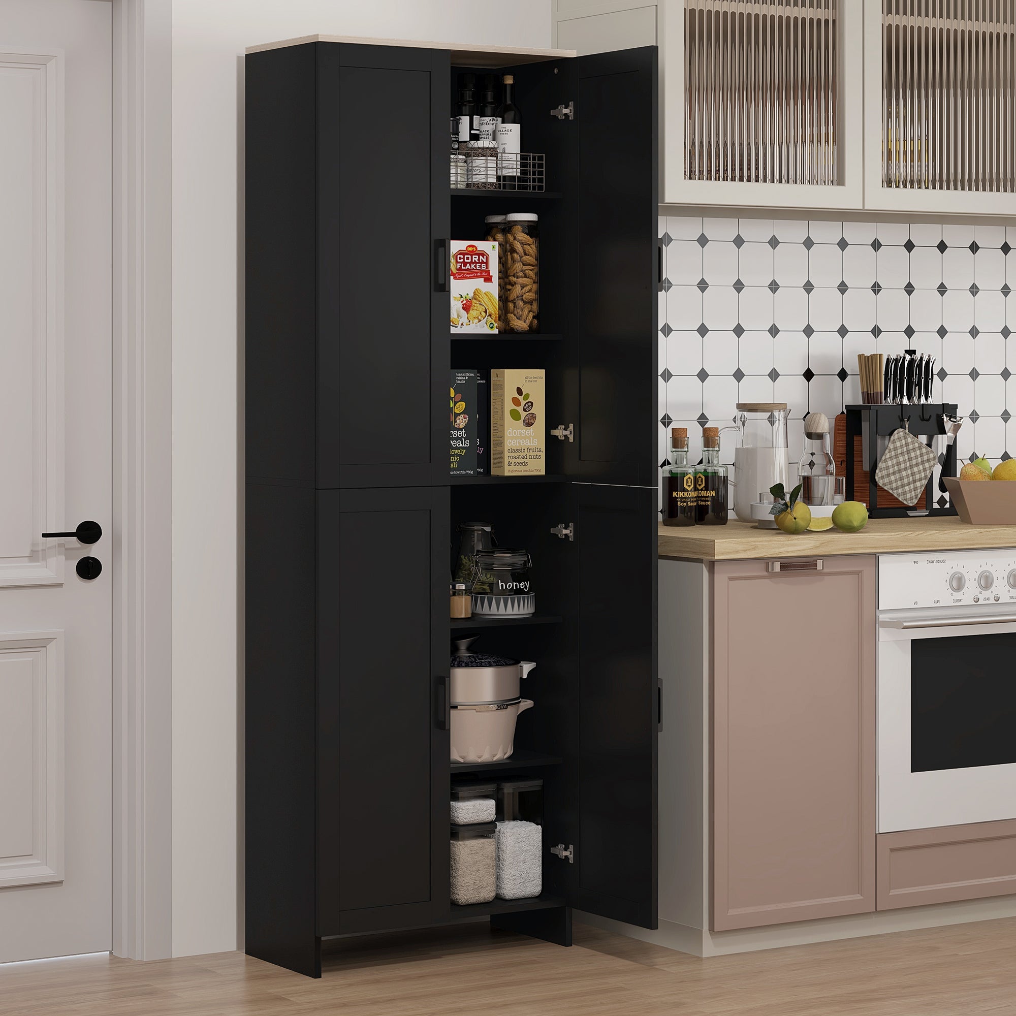 Armário de Cozinha com 4 Portas e Prateleiras Ajustáveis 60x30x170,5 cm - Preto