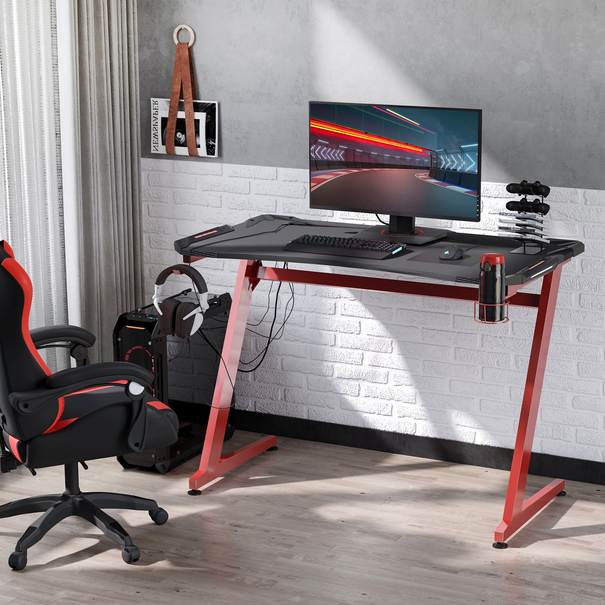 Secretária Gaming Ergonômica 120x66x76cm Preto e Vermelho