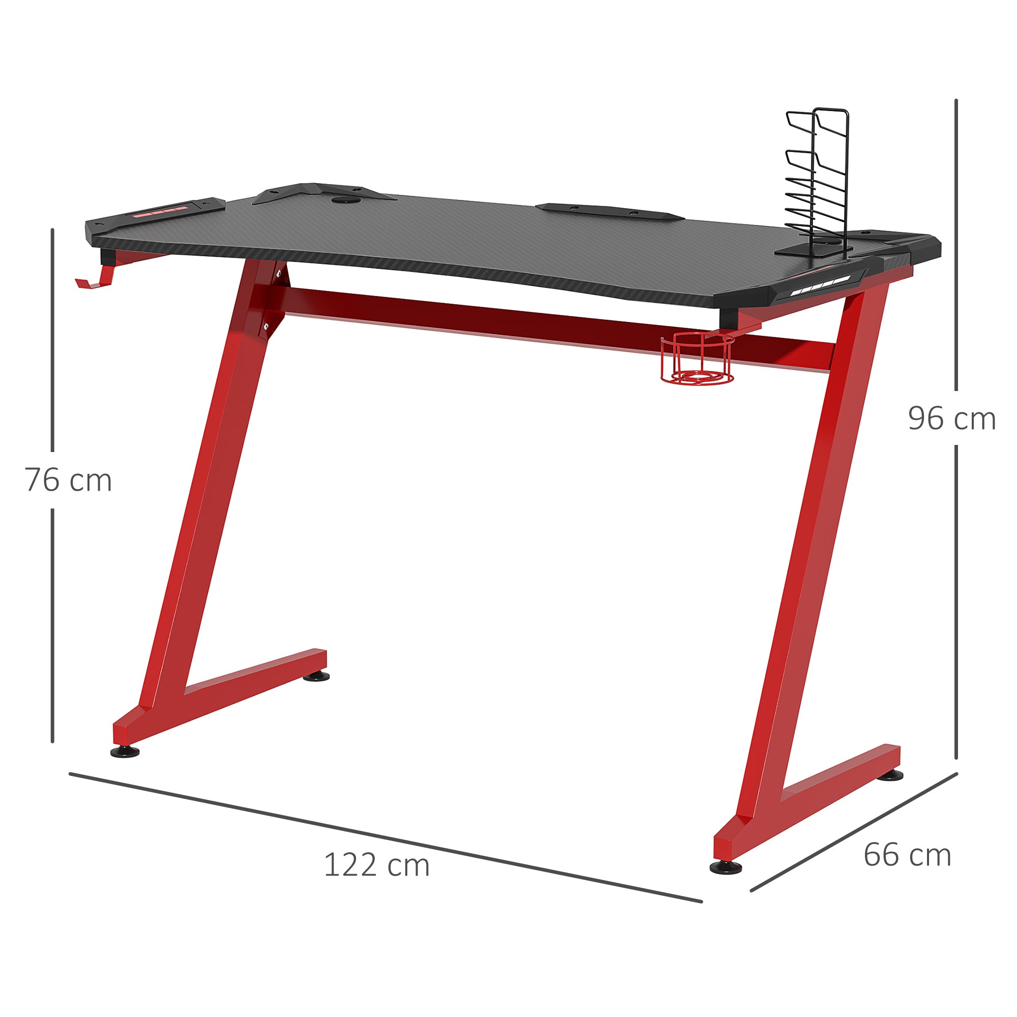 Secretária Gaming Ergonômica 120x66x76cm Preto e Vermelho