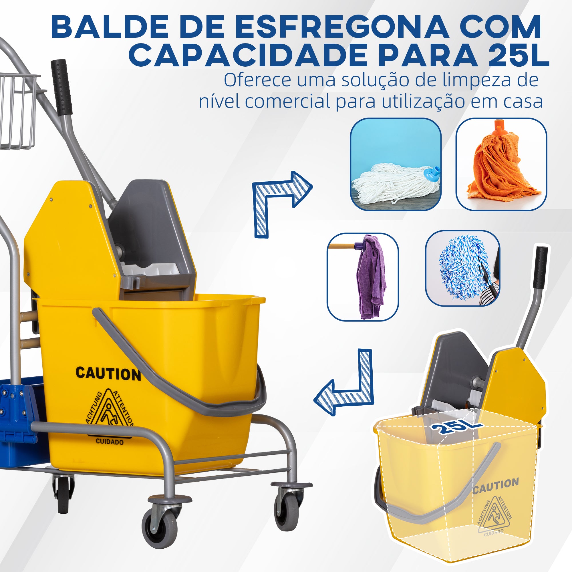 Carrinho de Limpeza Profissional com Balde de 25 Litros e Rodas - Amarelo 72x49,5x95 cm