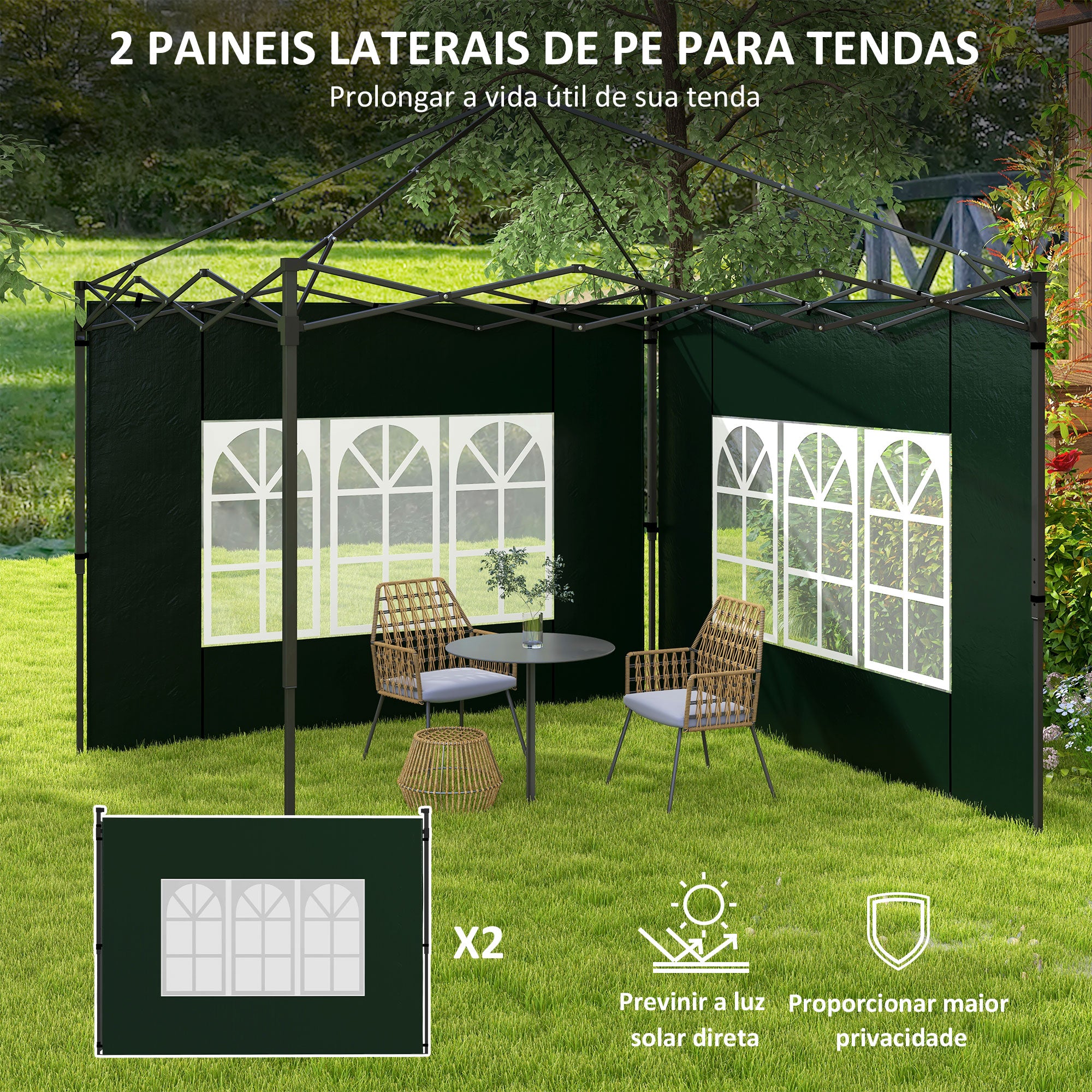 Conjunto de 2 Paredes Laterais para Tendas 3x3m e 3x6m - Verde Escuro 293x193 cm