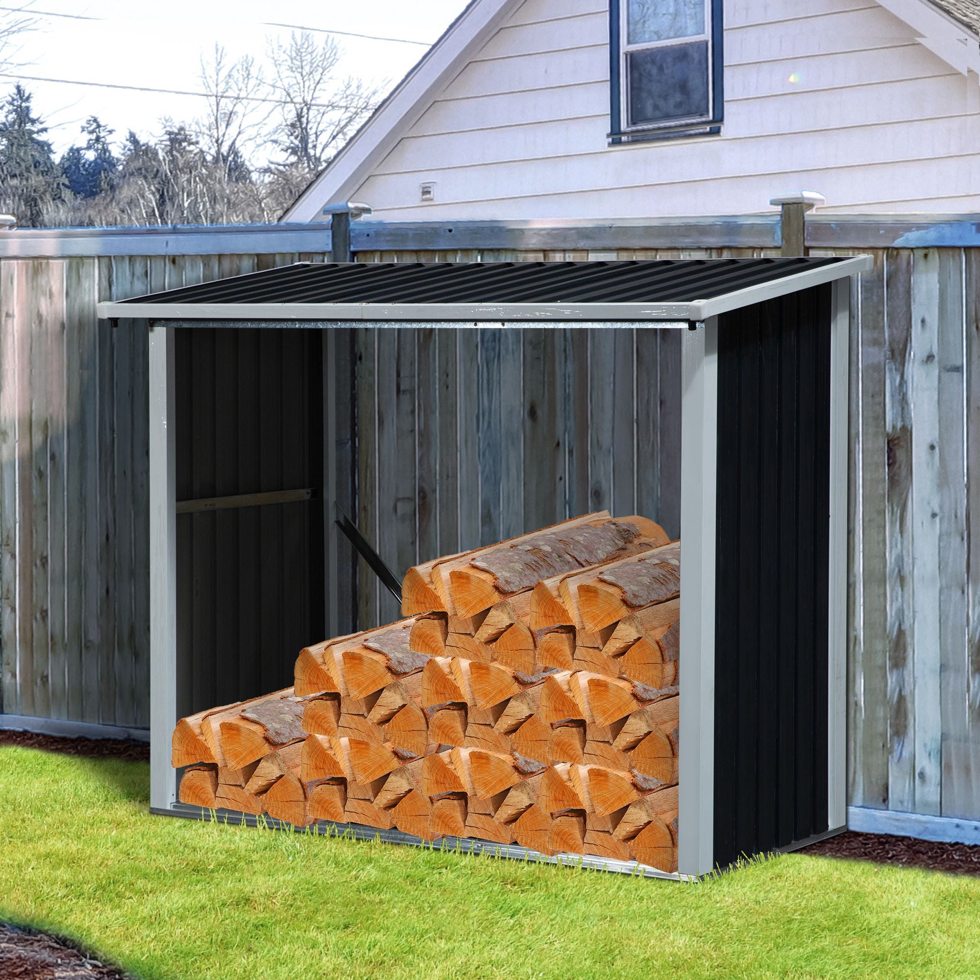 Abrigo de Lenha de Aço Galvanizado 182x89x136/148cm - Cinzento