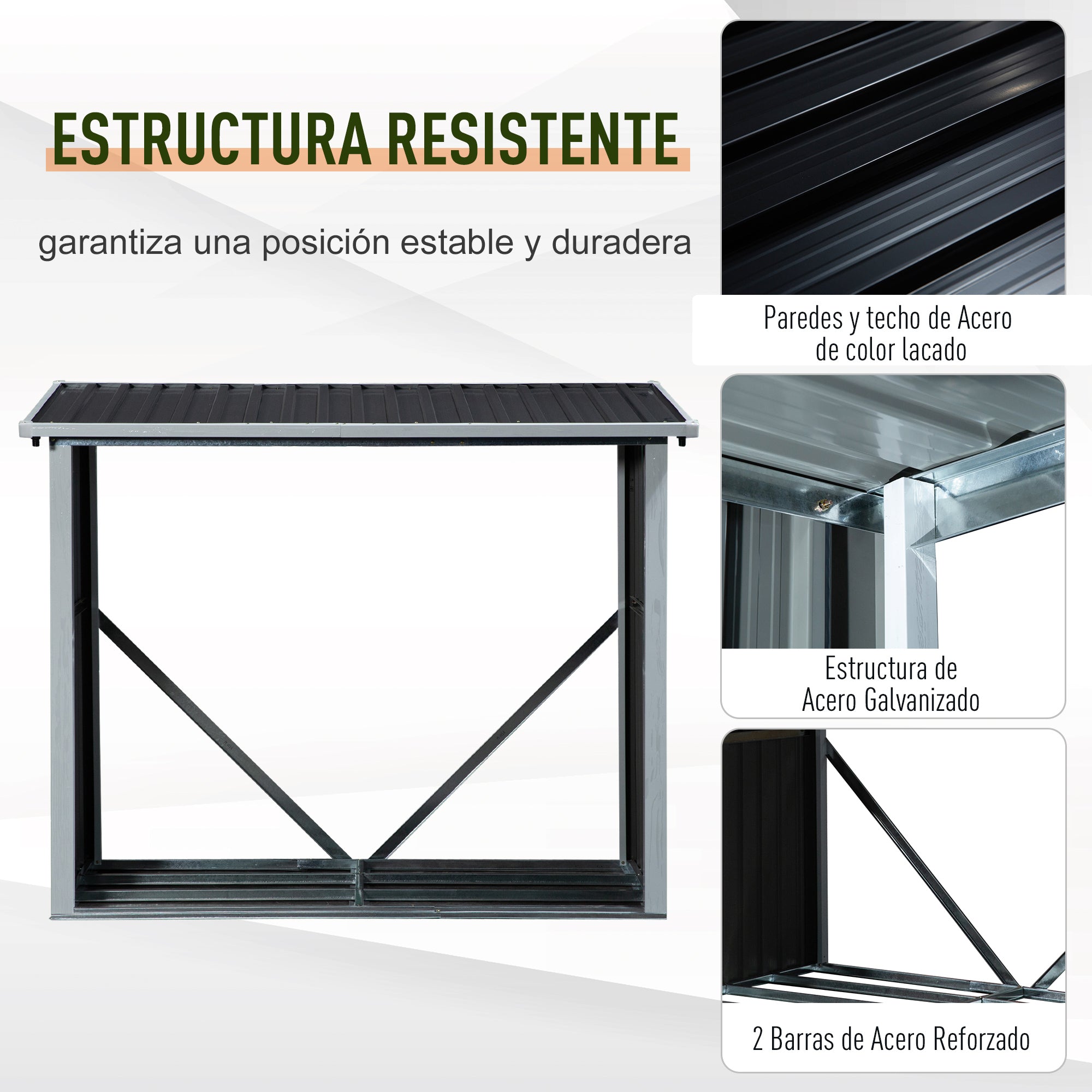 Abrigo de Lenha de Aço Galvanizado 182x89x136/148cm - Cinzento