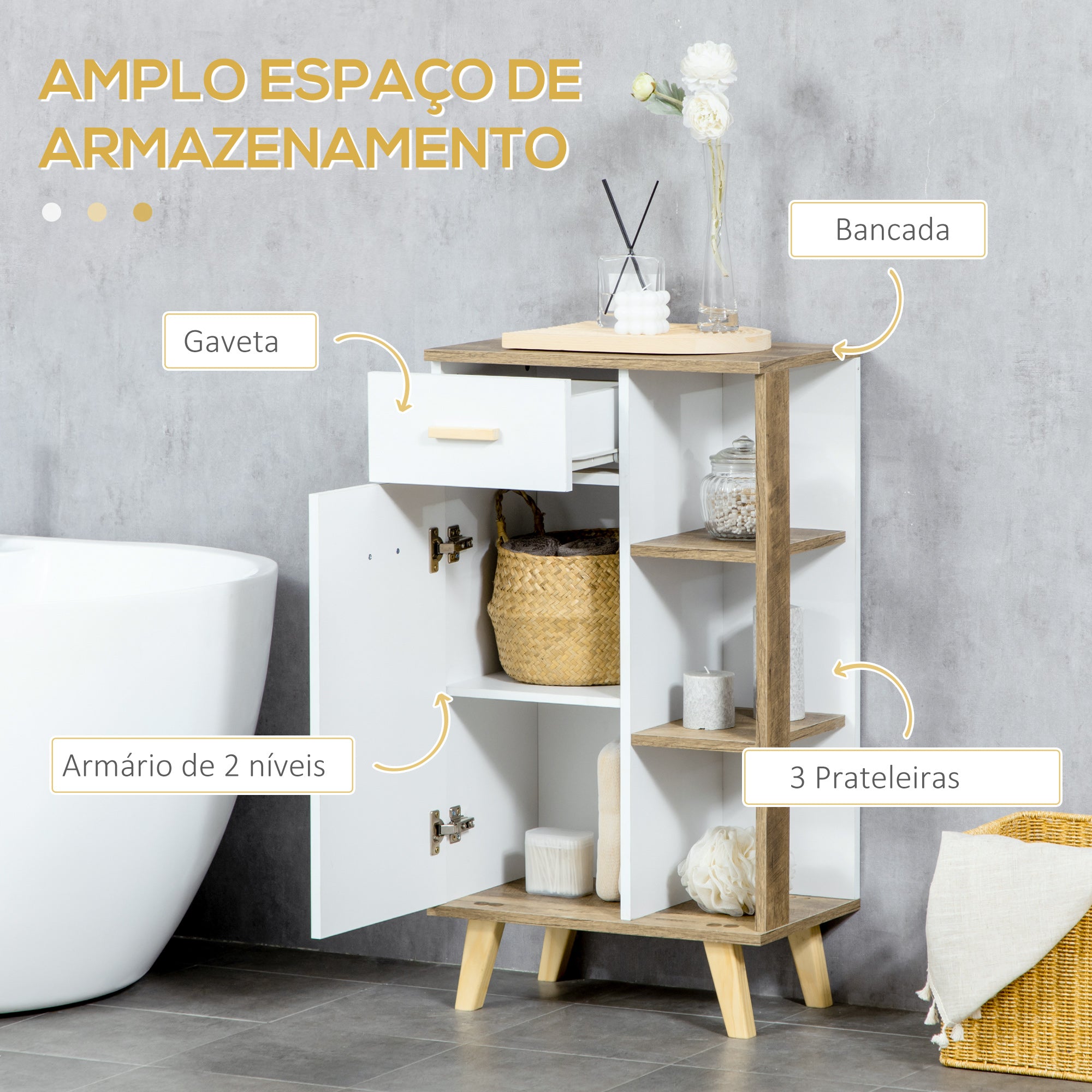 Armário Auxiliar Casa de Banho Branco e Madeira 50x30x89cm
