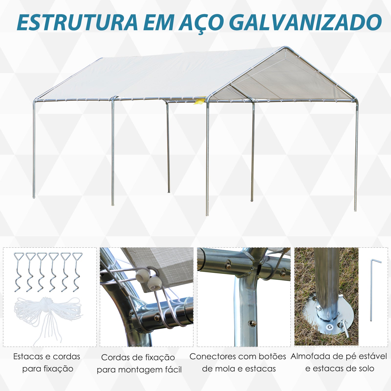 Abrigo para Carros – 294x595x260 cm – Branco – Aço galvanizado e Tecido PE