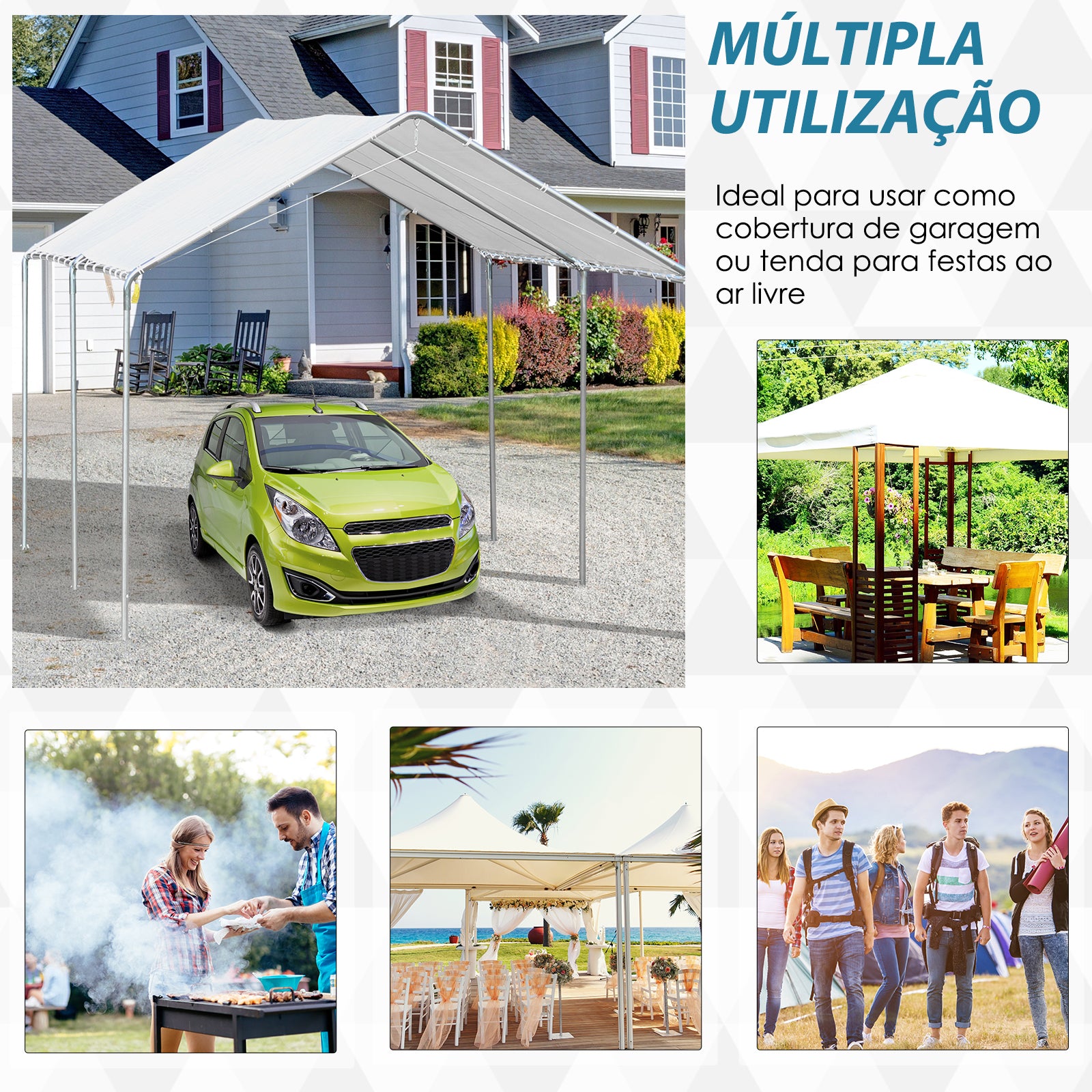 Abrigo para Carros – 294x595x260 cm – Branco – Aço galvanizado e Tecido PE