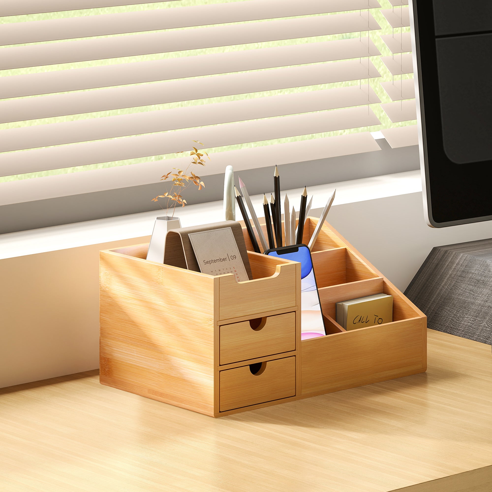 Organizador de Mesa de Bambu 33x20,5x15,5 cm - Cor Madeira Natural