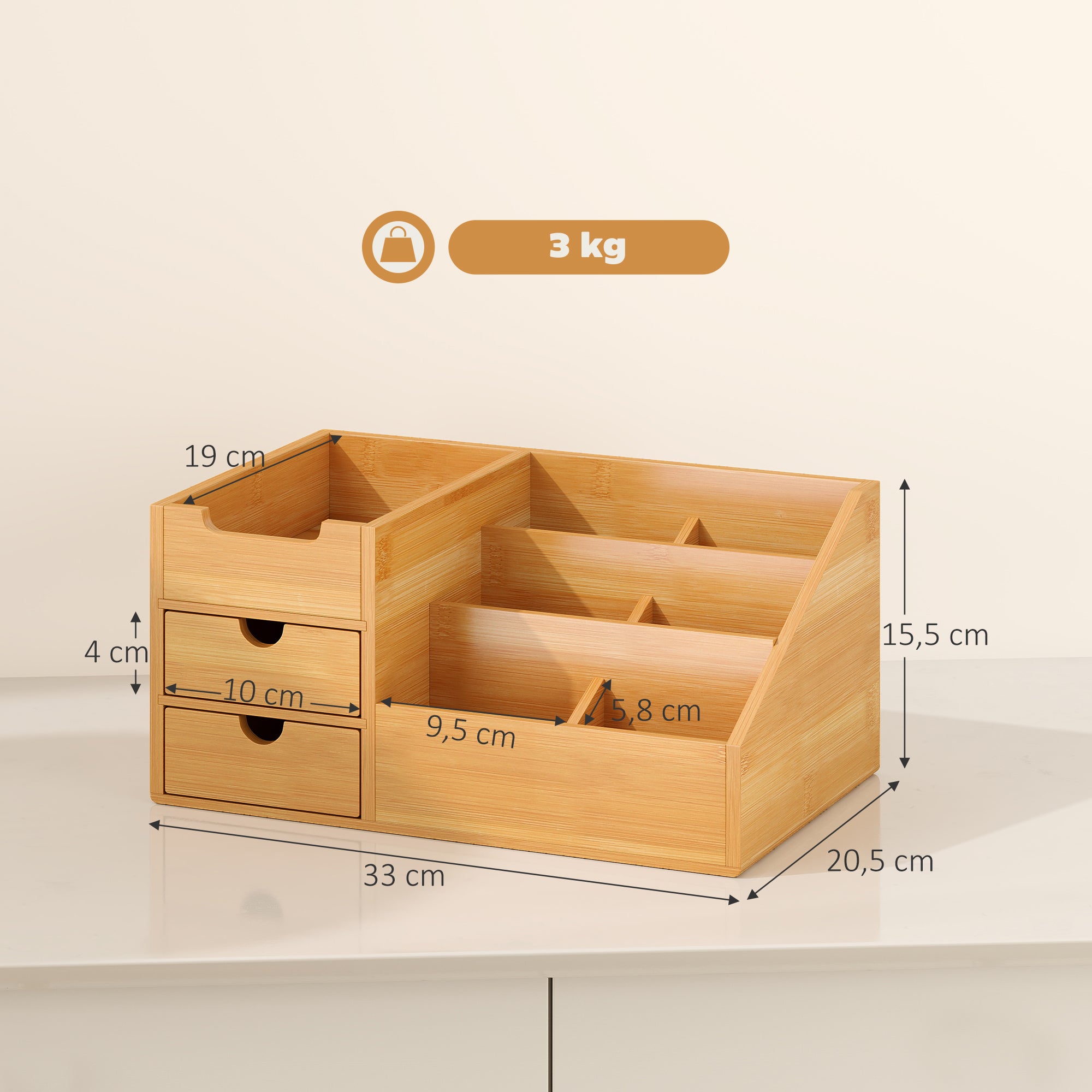 Organizador de Mesa de Bambu 33x20,5x15,5 cm - Cor Madeira Natural