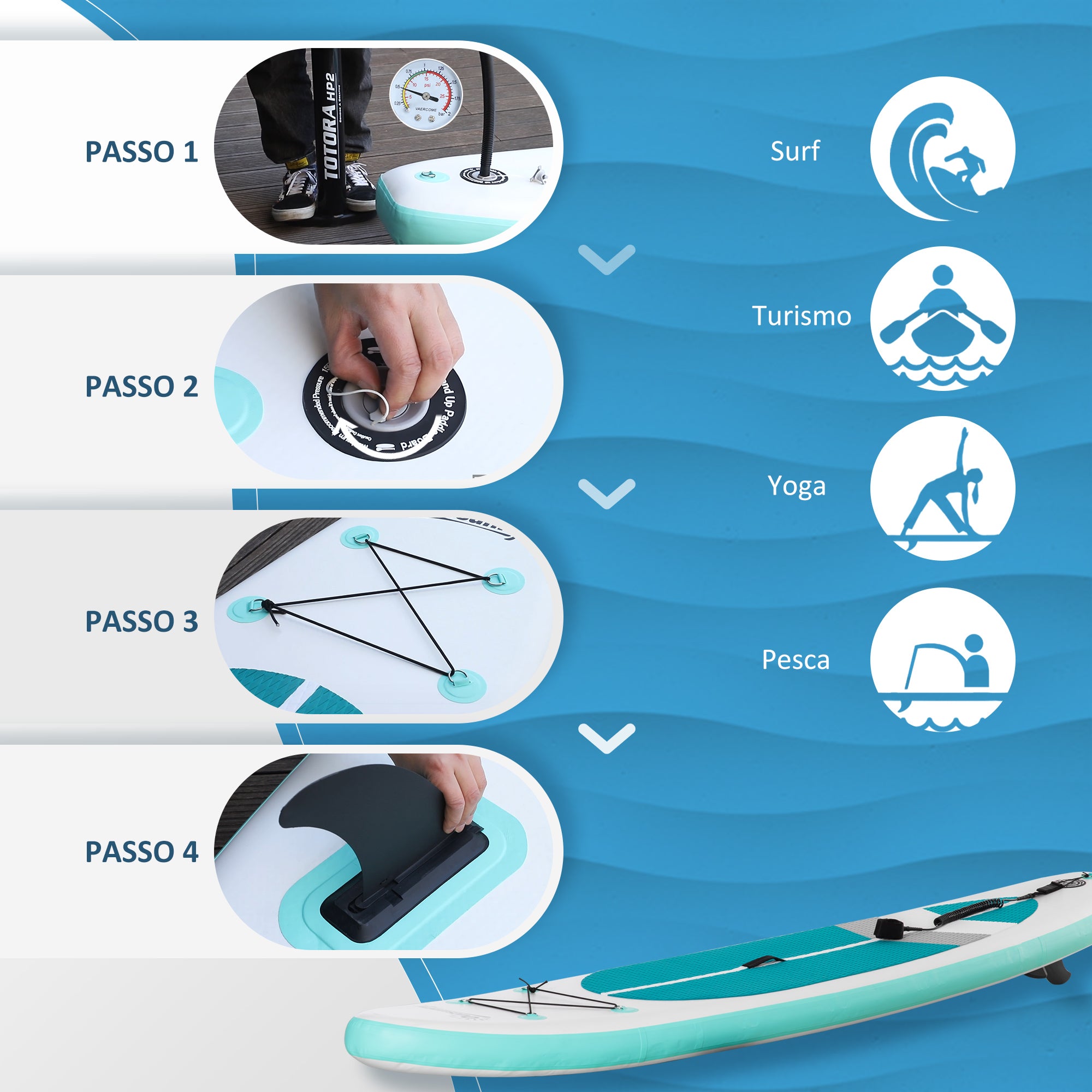 Prancha de Paddle Surf Inflável – 320x76x15cm – Azul-turquesa – PVC/EVA