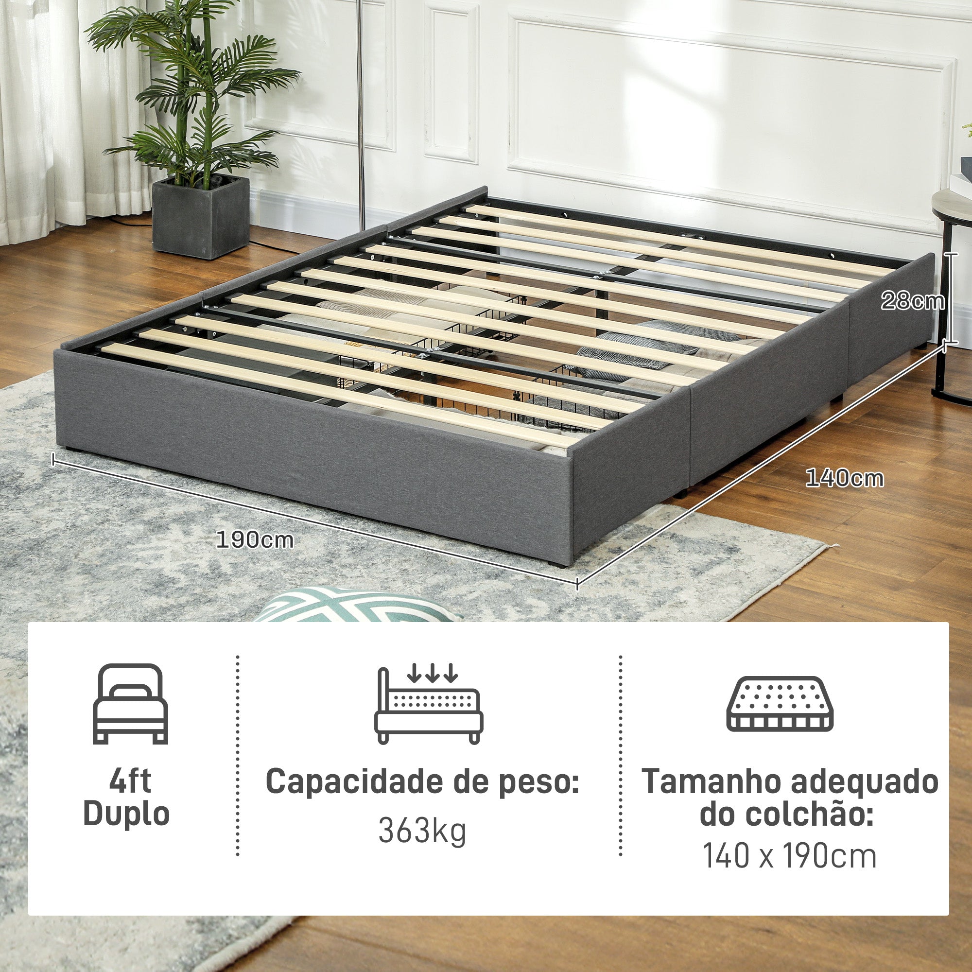 Estrutura de Cama Dupla 145x194x28 cm Cinzento