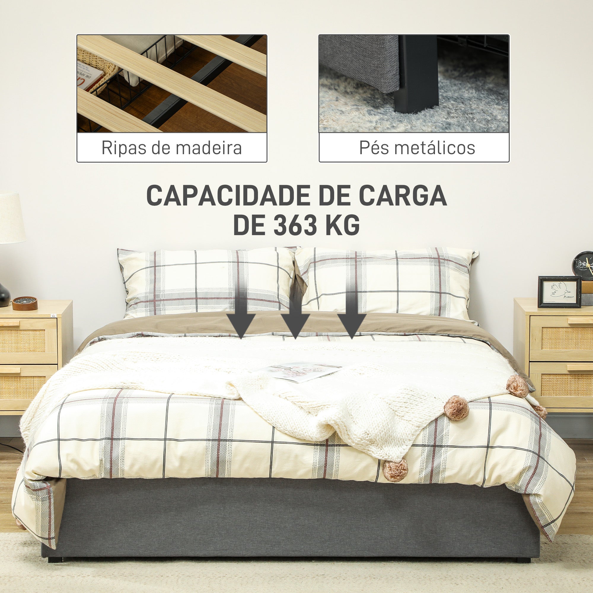 Estrutura de Cama Dupla 145x194x28 cm Cinzento