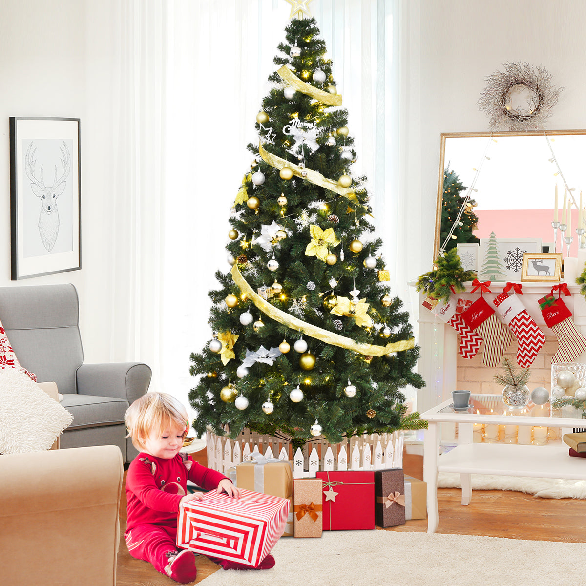 Árvore de Natal Artificial Abeto de 2,4 m com Base Metálica PVC Decoração de Natal para Casa Escritório Loja Verde