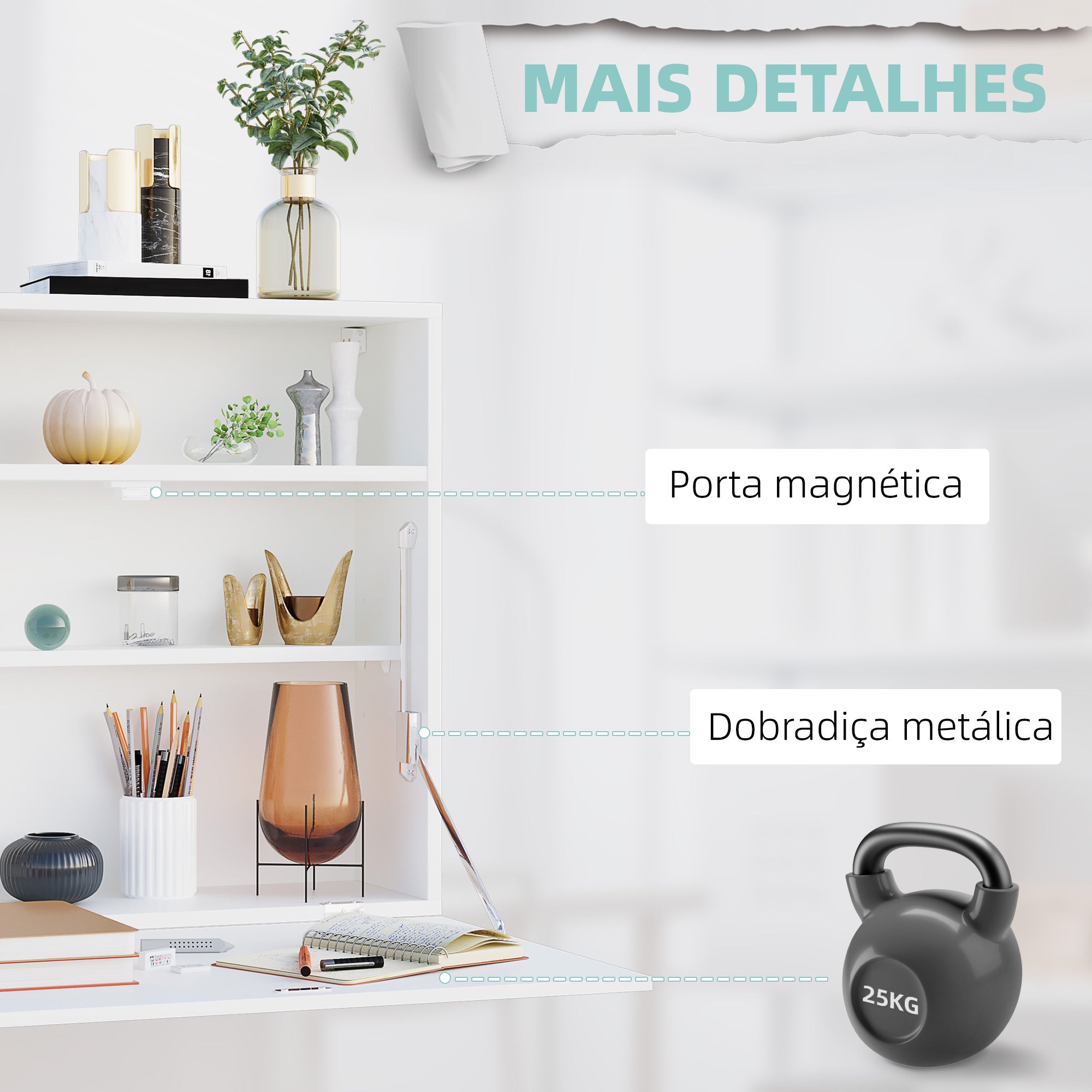Secretária de Parede Moderna Branca 64x20x60 cm - Mesa Dobrável Multifuncional