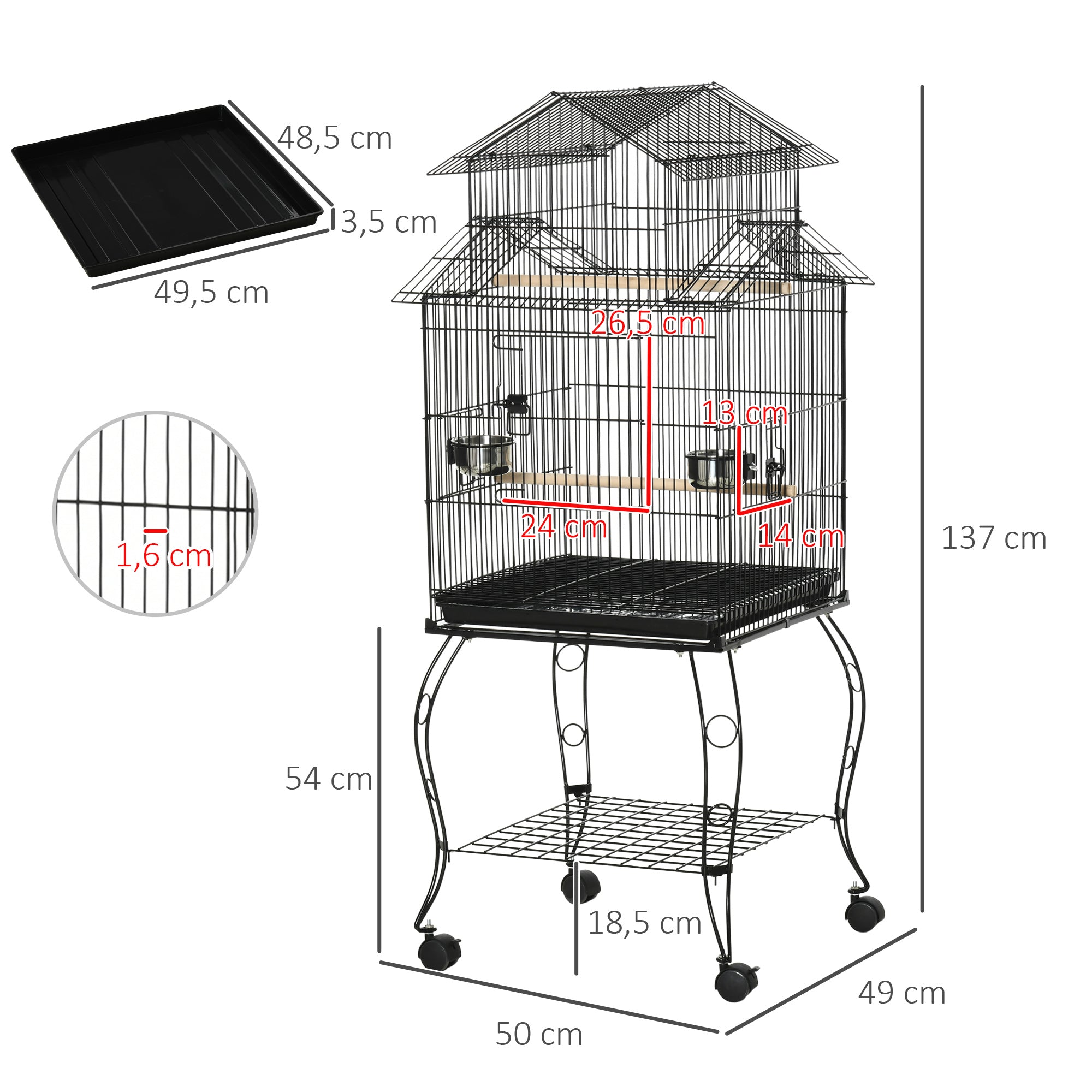 Gaiola para Pássaros Grande com Suporte 50x49x137 cm Preto