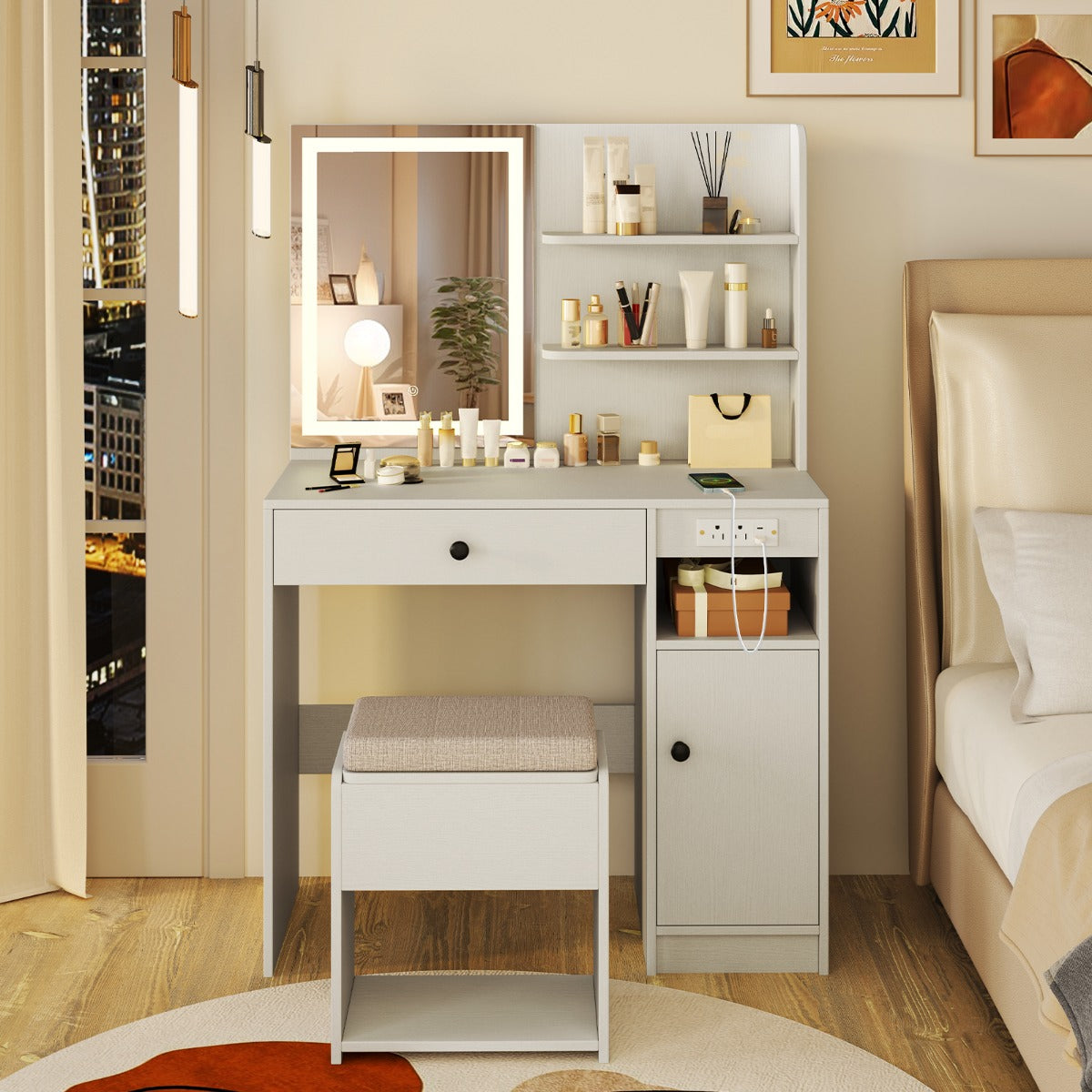 Conjunto de Toucador com Espelho com Iluminação e Tomada de Corrente Banqueta Acolchoada Gaveta e Prateleiras para Quarto 90 x 40 x 135,5 cm Branco