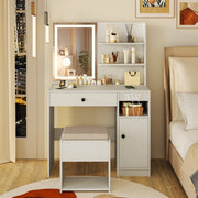Conjunto de Toucador com Espelho com Iluminação e Tomada de Corrente Banqueta Acolchoada Gaveta e Prateleiras para Quarto 90 x 40 x 135,5 cm Branco