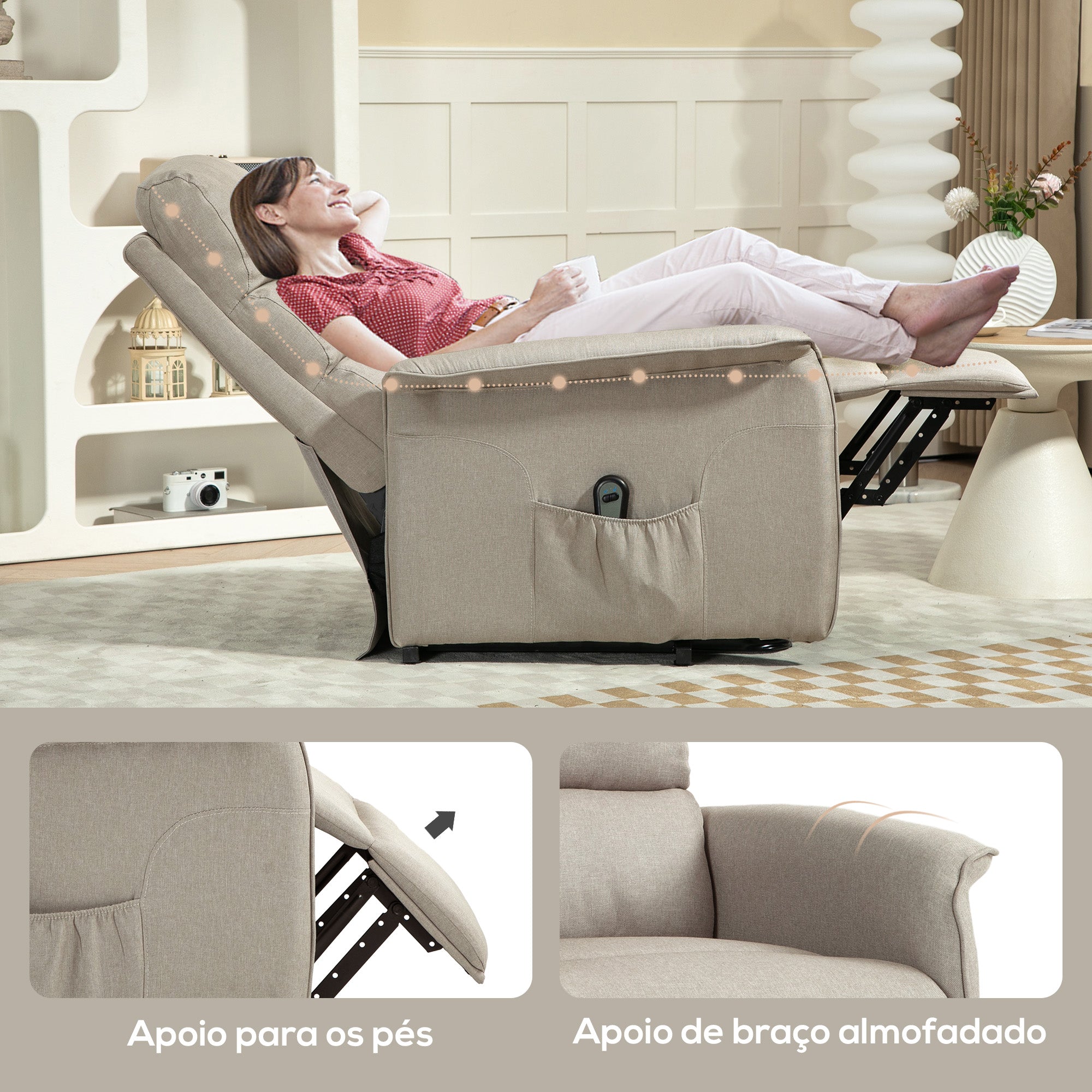 Poltrona Relax Reclinável Elétrica 66x90x96 cm Bege