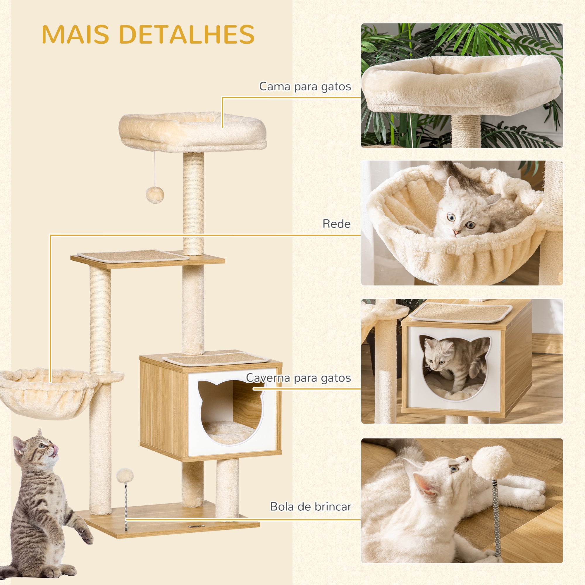 Árvore Arranhador para Gatos Bege 48x40x126 cm