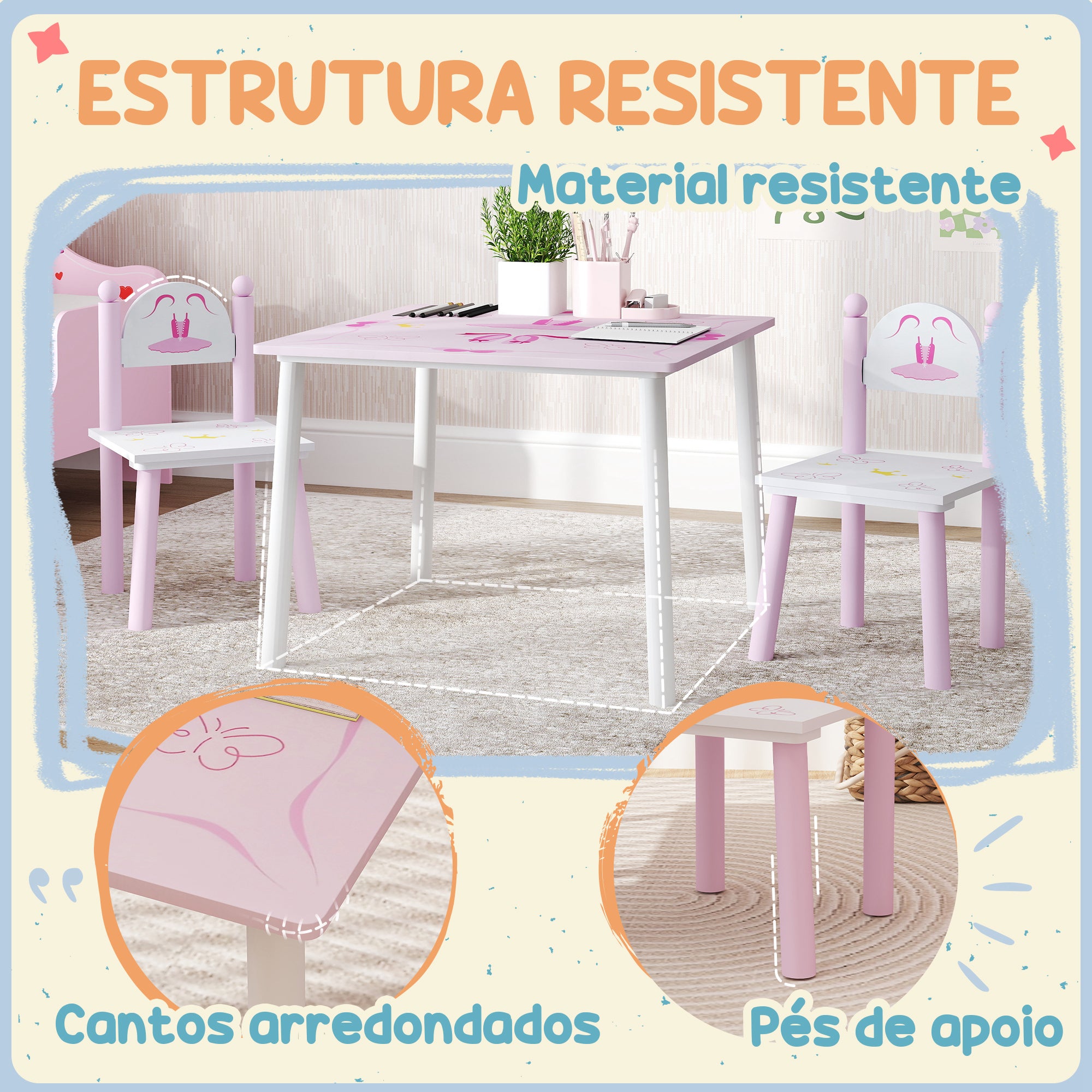 Conjunto de Mesa e Cadeiras para Crianças - 60x60x44 cm - Cor Rosa