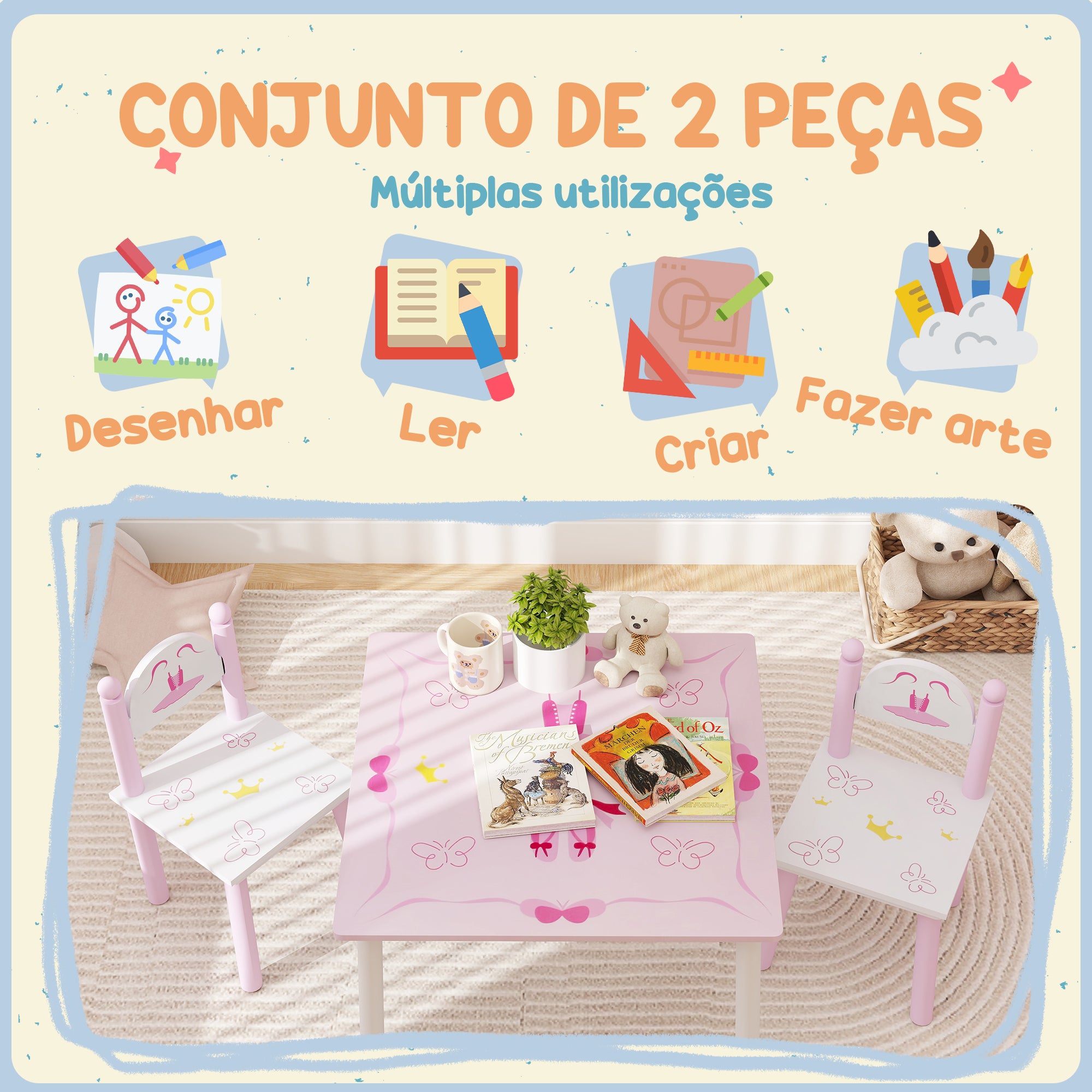 Conjunto de Mesa e Cadeiras para Crianças - 60x60x44 cm - Cor Rosa