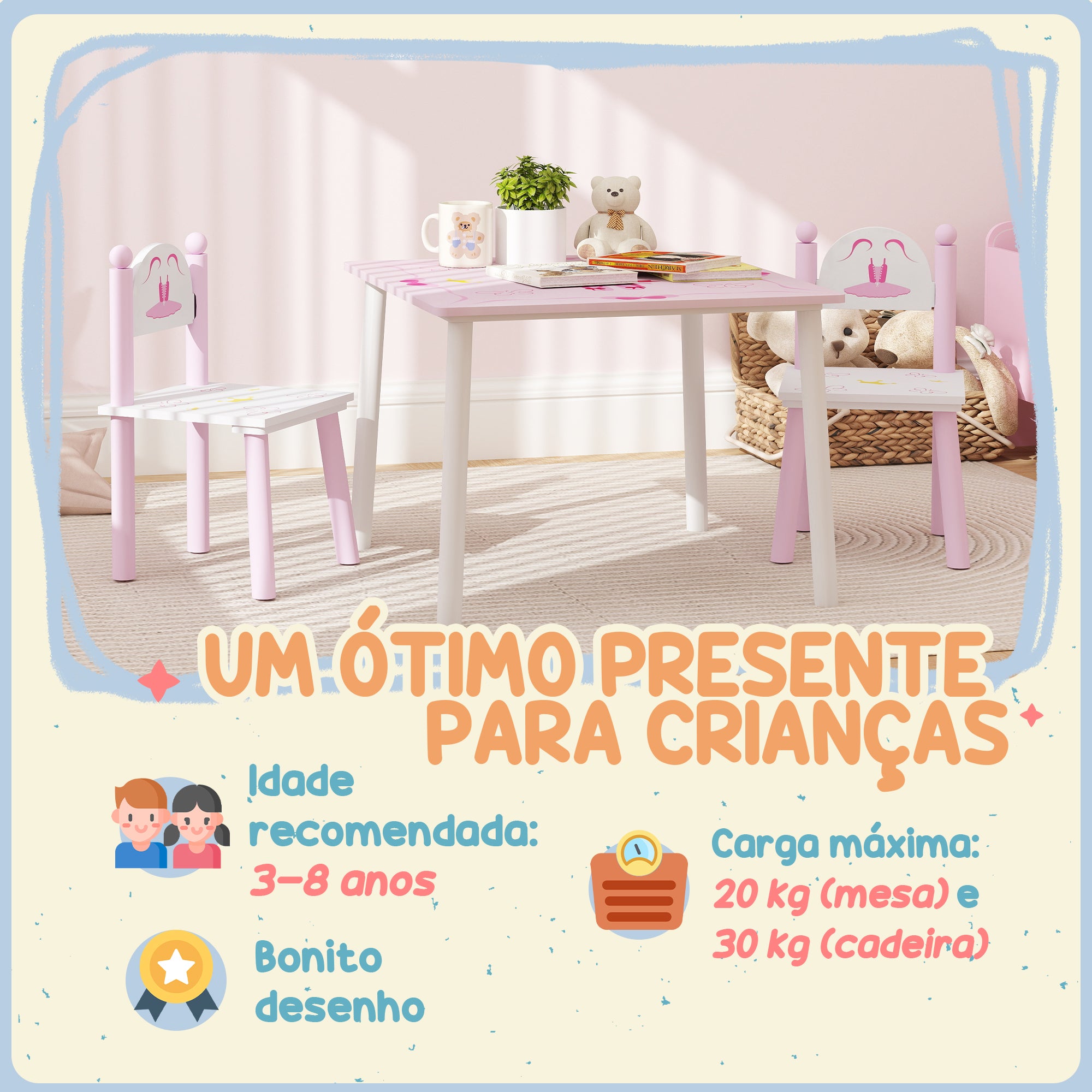 Conjunto de Mesa e Cadeiras para Crianças - 60x60x44 cm - Cor Rosa