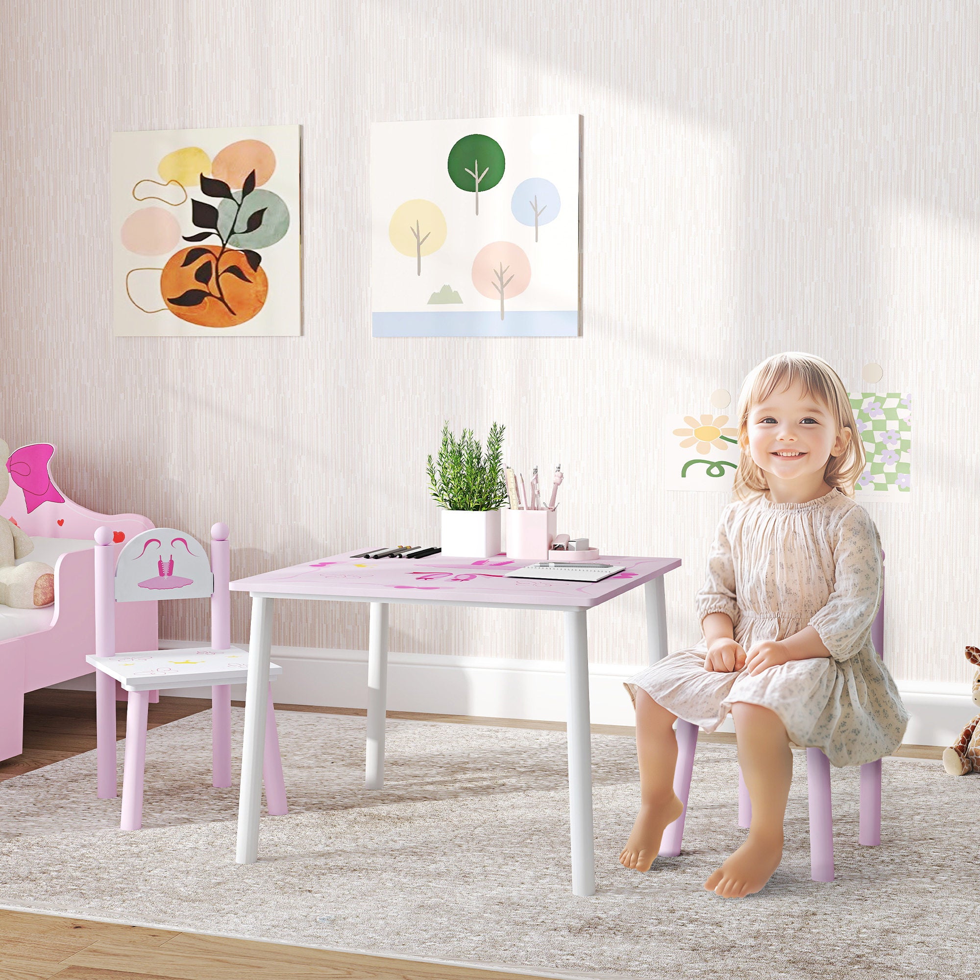 Conjunto de Mesa e Cadeiras para Crianças - 60x60x44 cm - Cor Rosa