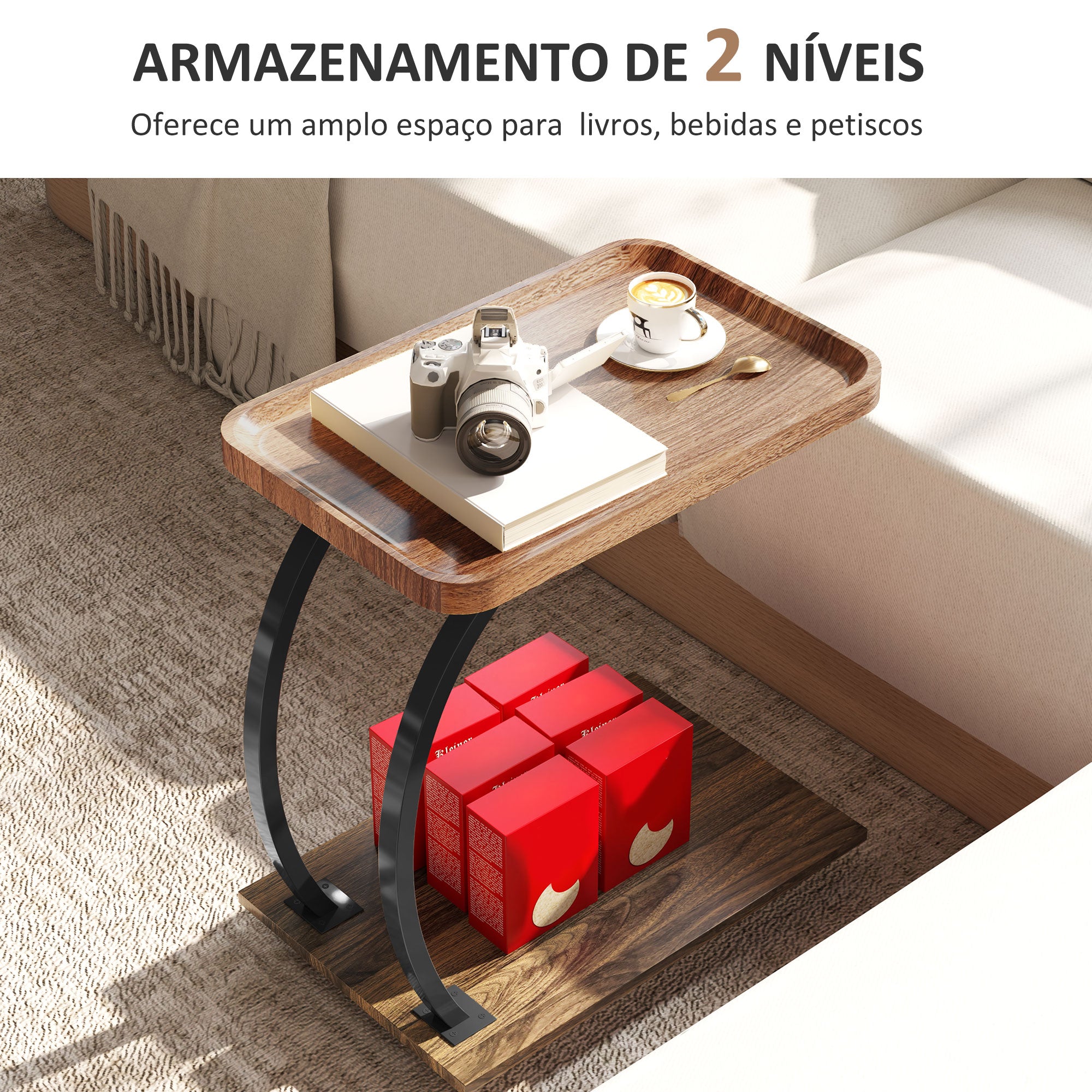 Mesa Auxiliar em Forma de C 52x34x60 cm - Madeira e Preto