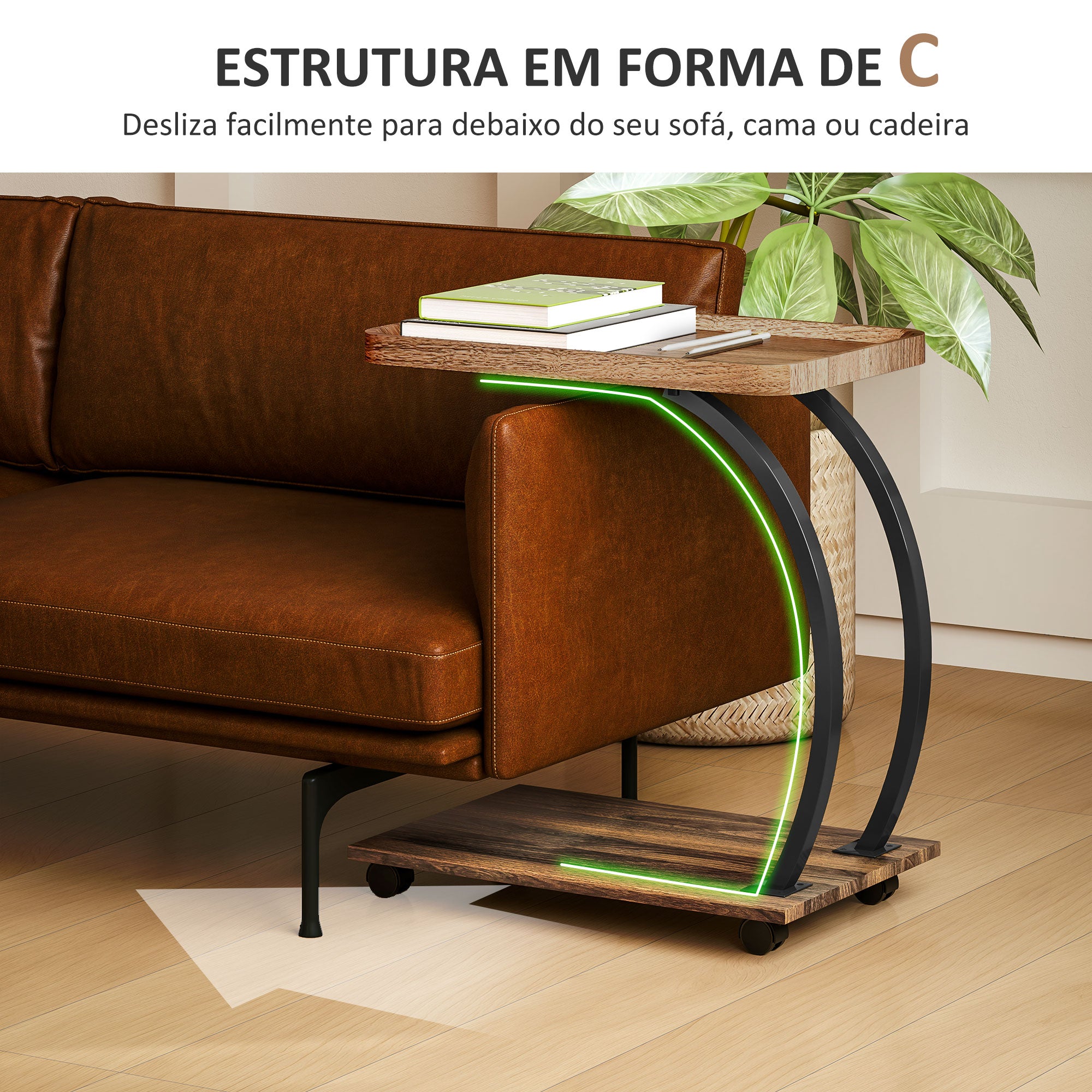 Mesa Auxiliar em Forma de C 52x34x60 cm - Madeira e Preto