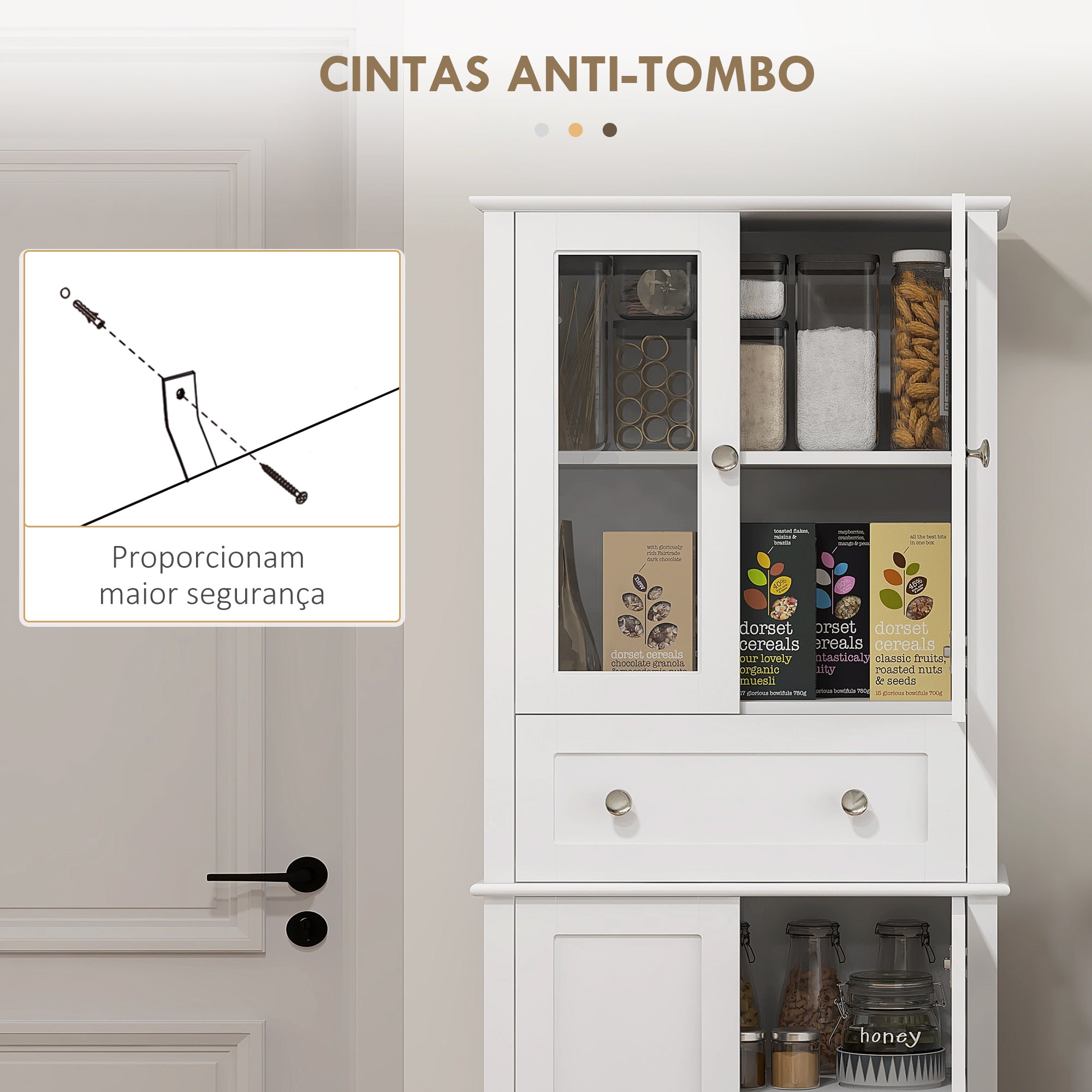 Armário de Cozinha Branco 61x35x168,5 cm com Portas de Vidro Temperado