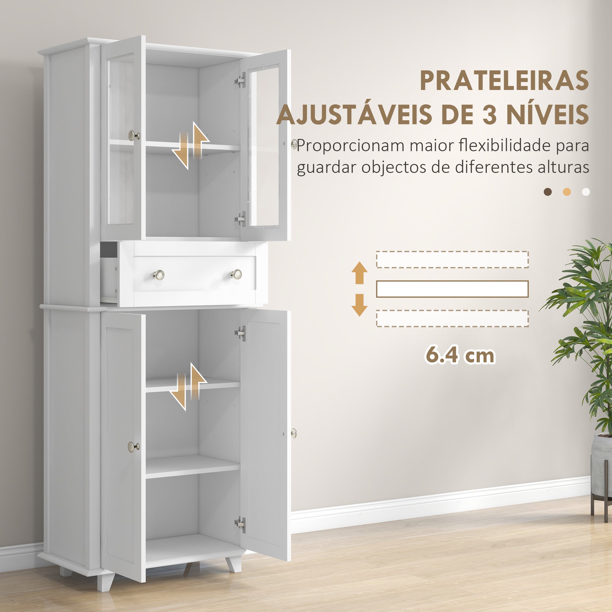 Armário de Cozinha Branco 61x35x168,5 cm com Portas de Vidro Temperado