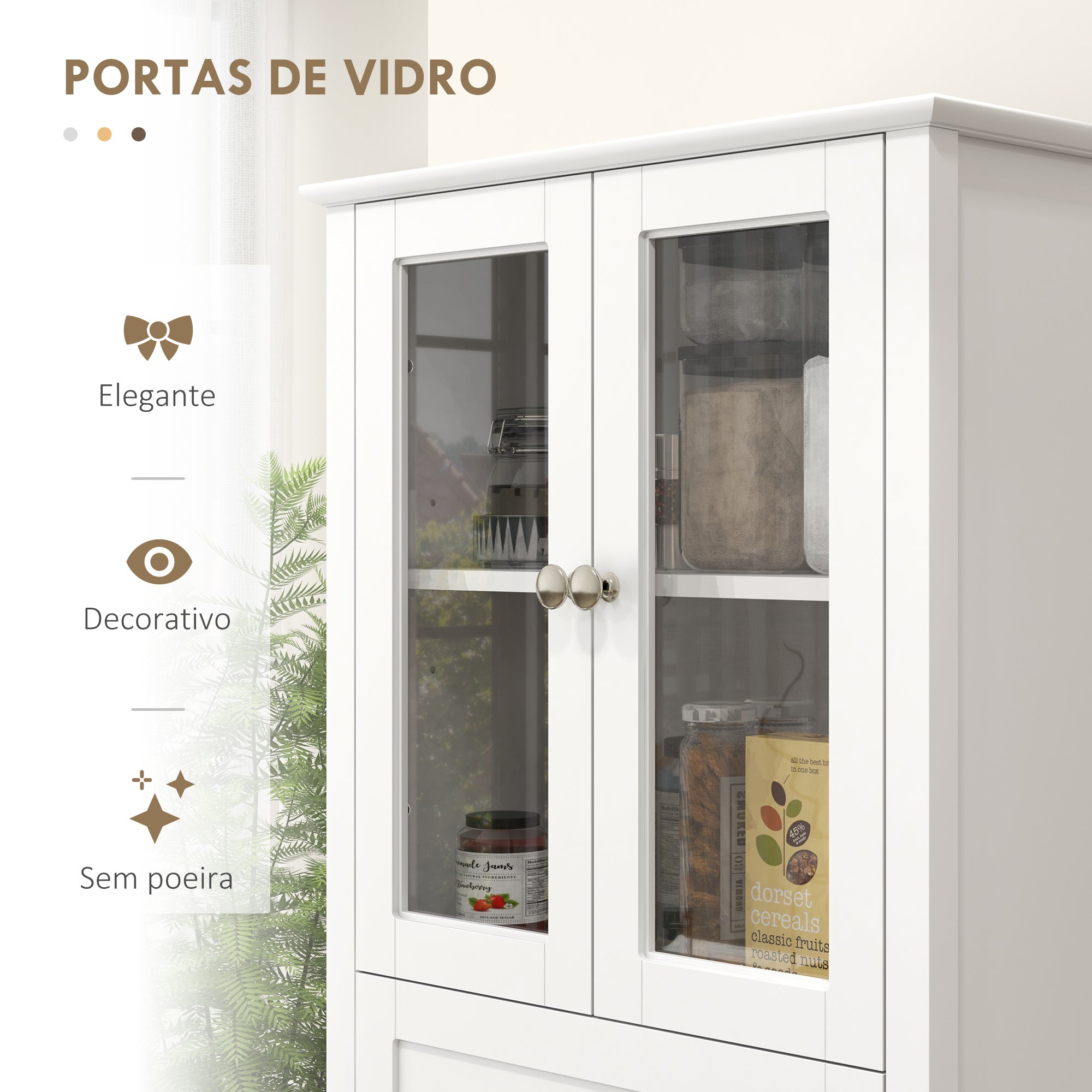 Armário de Cozinha Branco 61x35x168,5 cm com Portas de Vidro Temperado