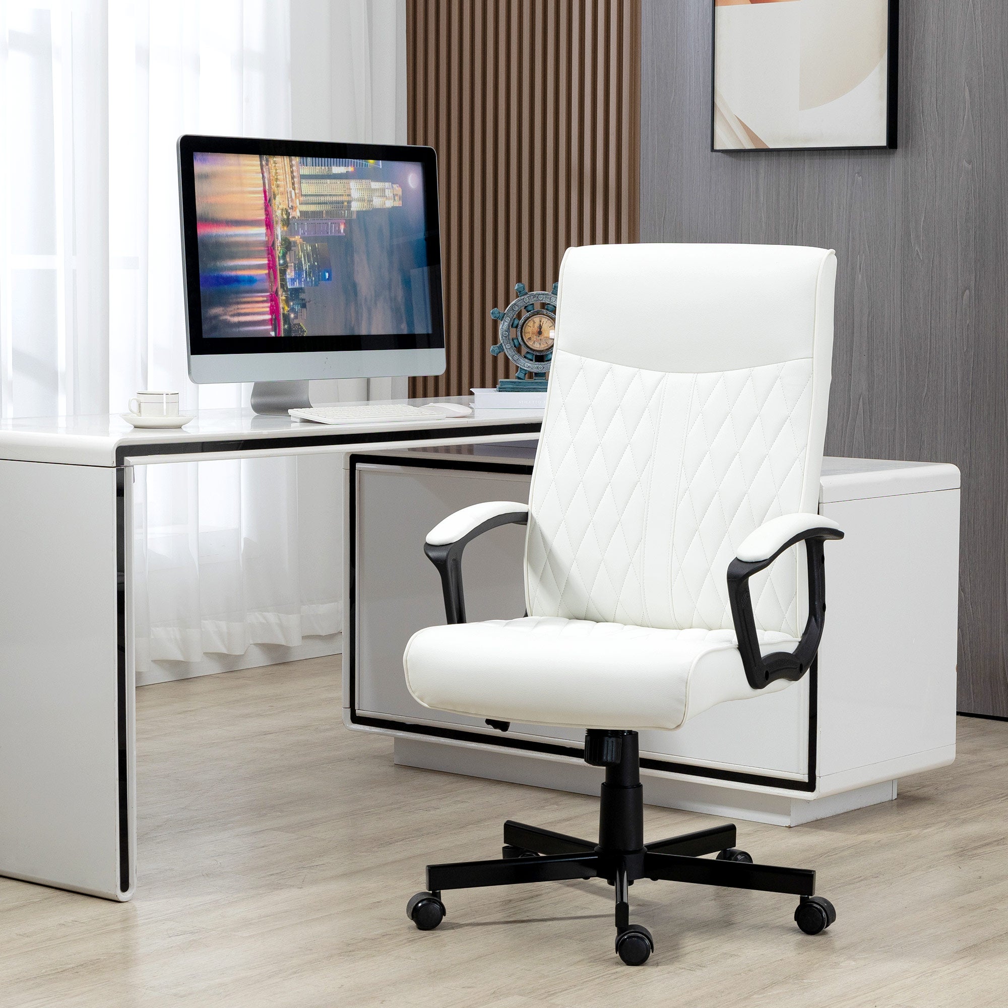 Cadeira de Escritório Giratória Encosto Alto Altura Ajustável 65x65x102-112,5cm Creme Branco