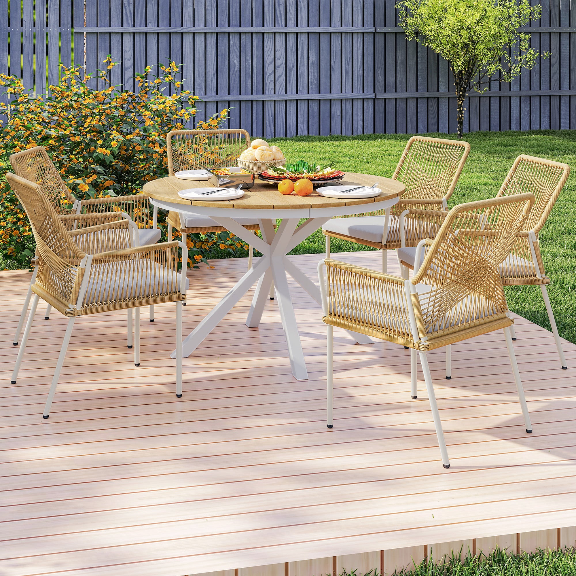 Mesa de Jardim Redonda Madeira e Branco Ø118x74 cm