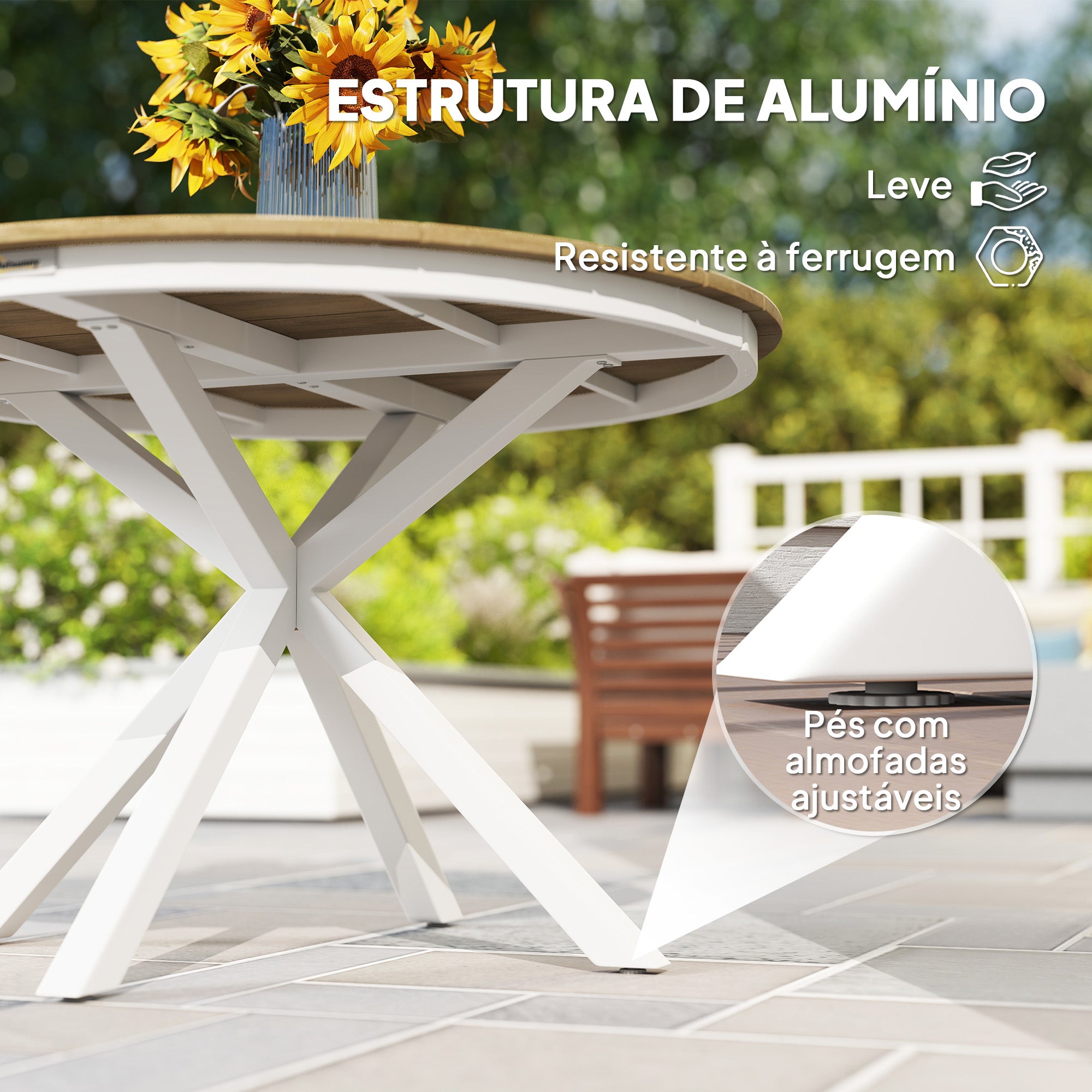 Mesa de Jardim Redonda Madeira e Branco Ø118x74 cm