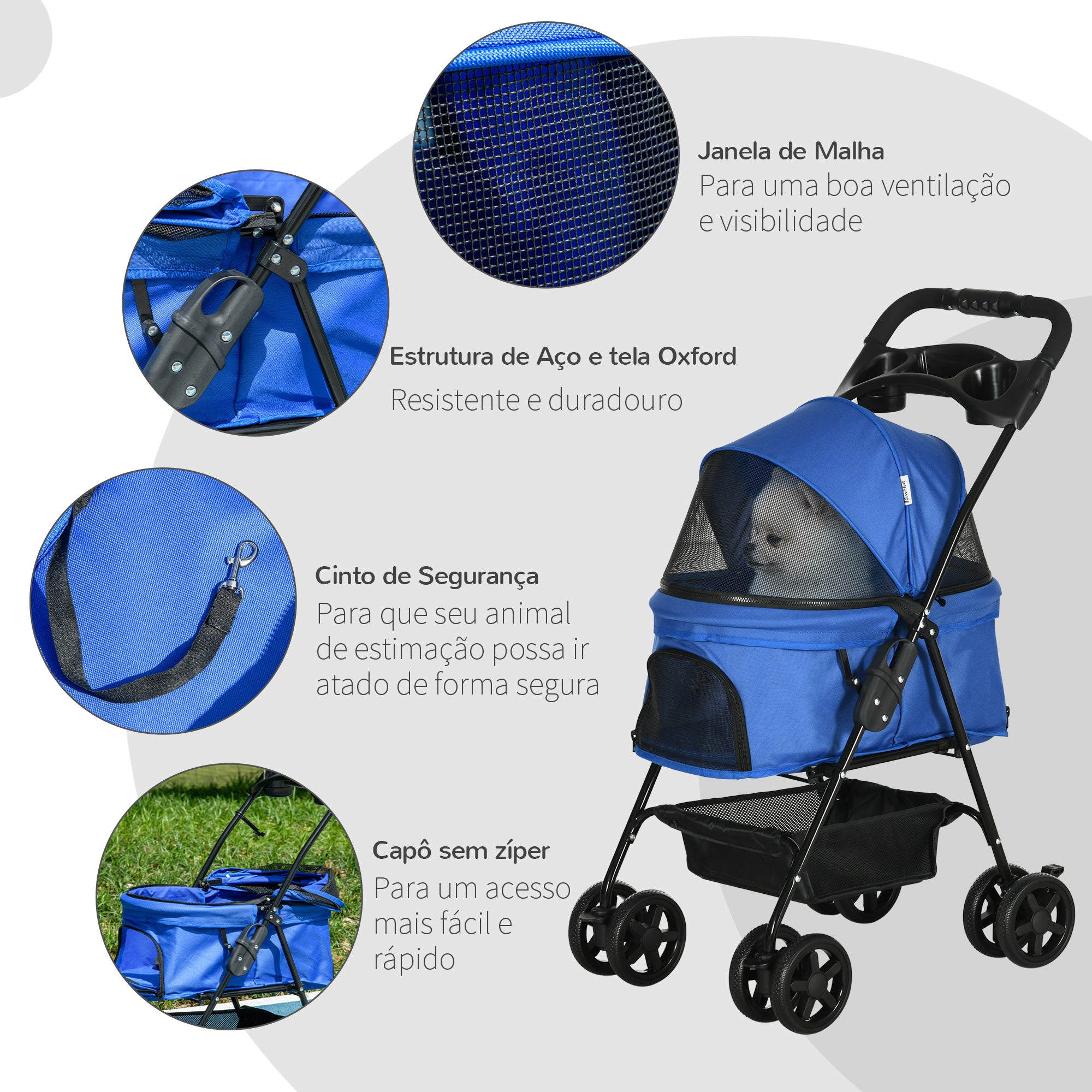 Carrinho dobrável para animais de estimação - Azul - 67x45x96 cm