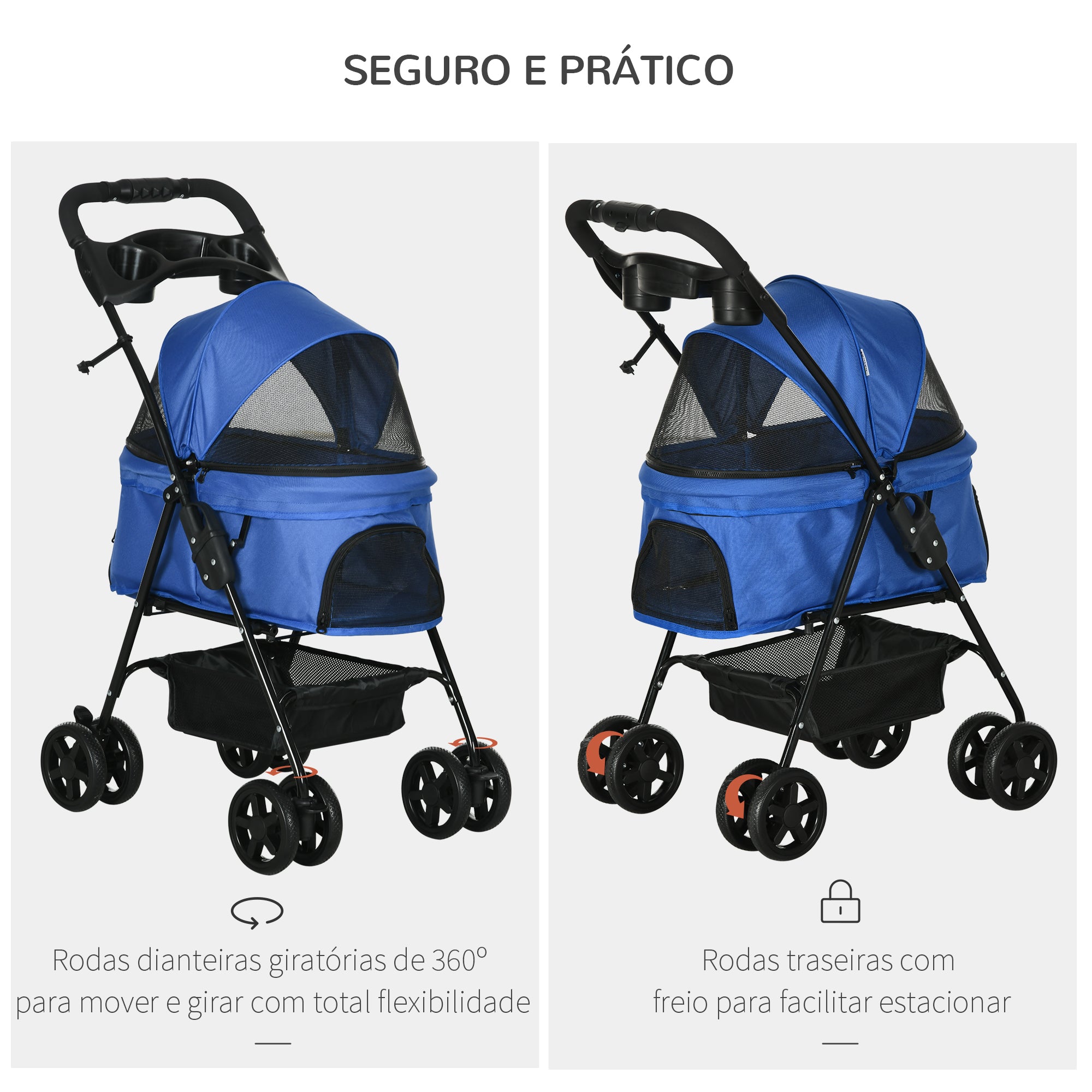 Carrinho dobrável para animais de estimação - Azul - 67x45x96 cm