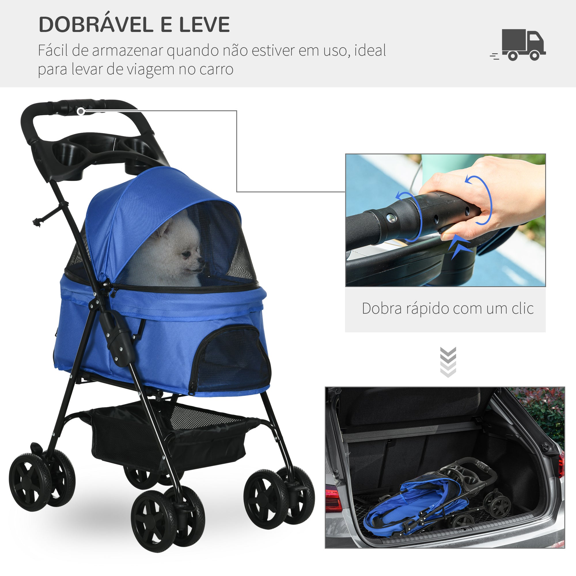 Carrinho dobrável para animais de estimação - Azul - 67x45x96 cm