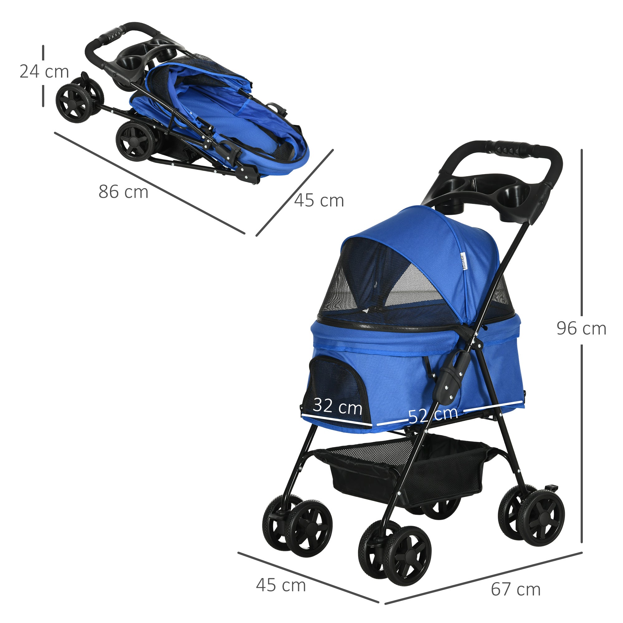 Carrinho dobrável para animais de estimação - Azul - 67x45x96 cm