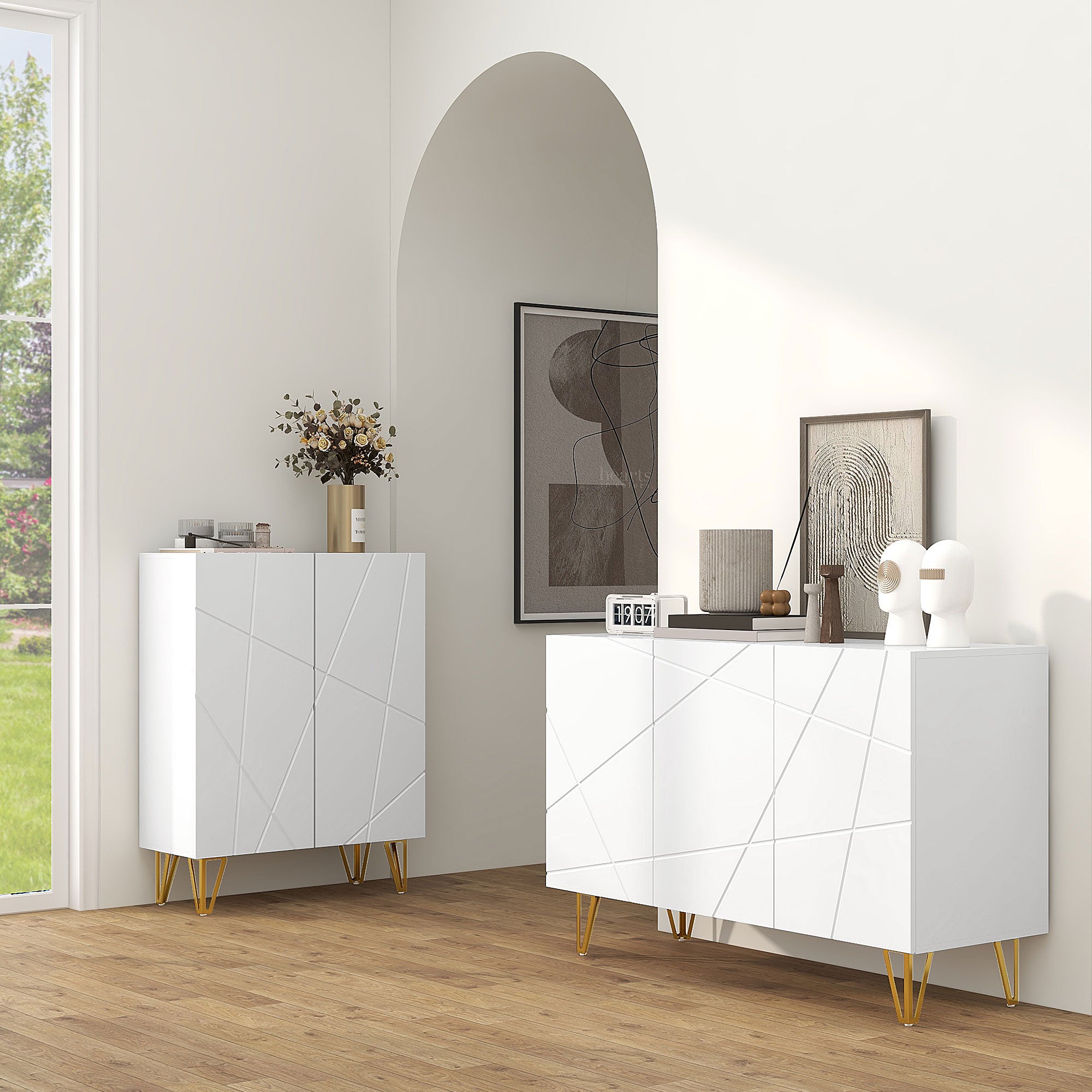 Aparador de Sala com 3 Portas e Prateleiras Ajustáveis 120x40x75 cm - Branco Brilhante