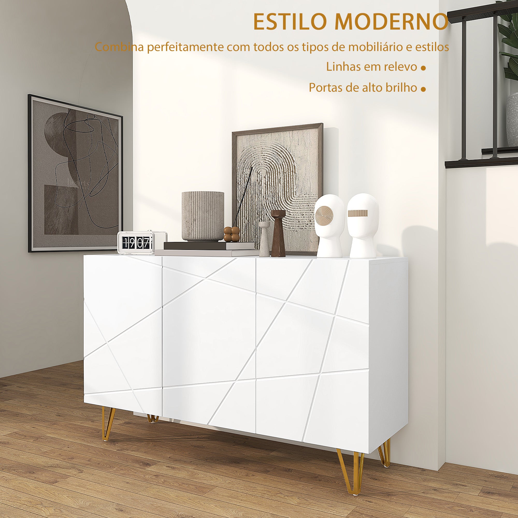 Aparador de Sala com 3 Portas e Prateleiras Ajustáveis 120x40x75 cm - Branco Brilhante