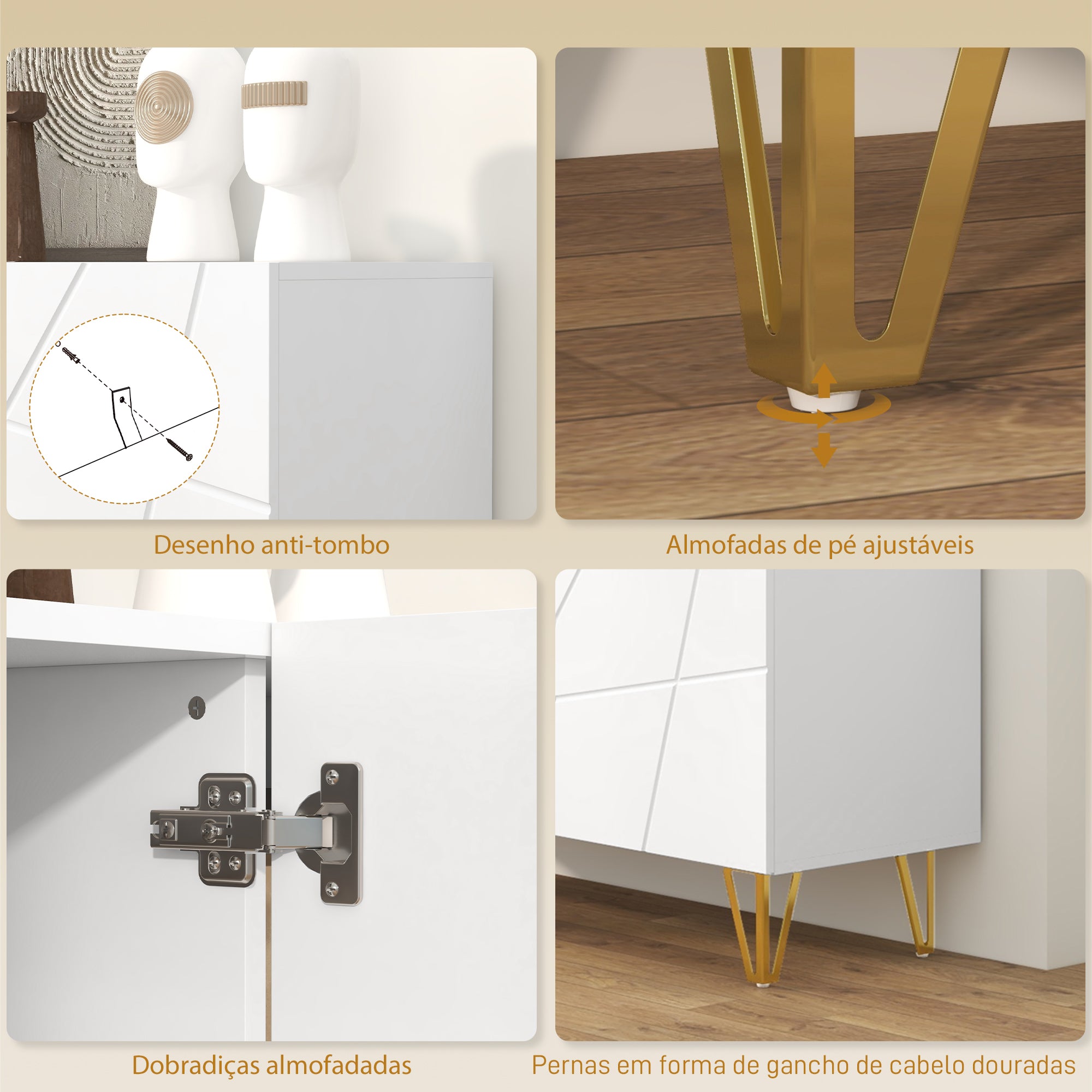 Aparador de Sala com 3 Portas e Prateleiras Ajustáveis 120x40x75 cm - Branco Brilhante