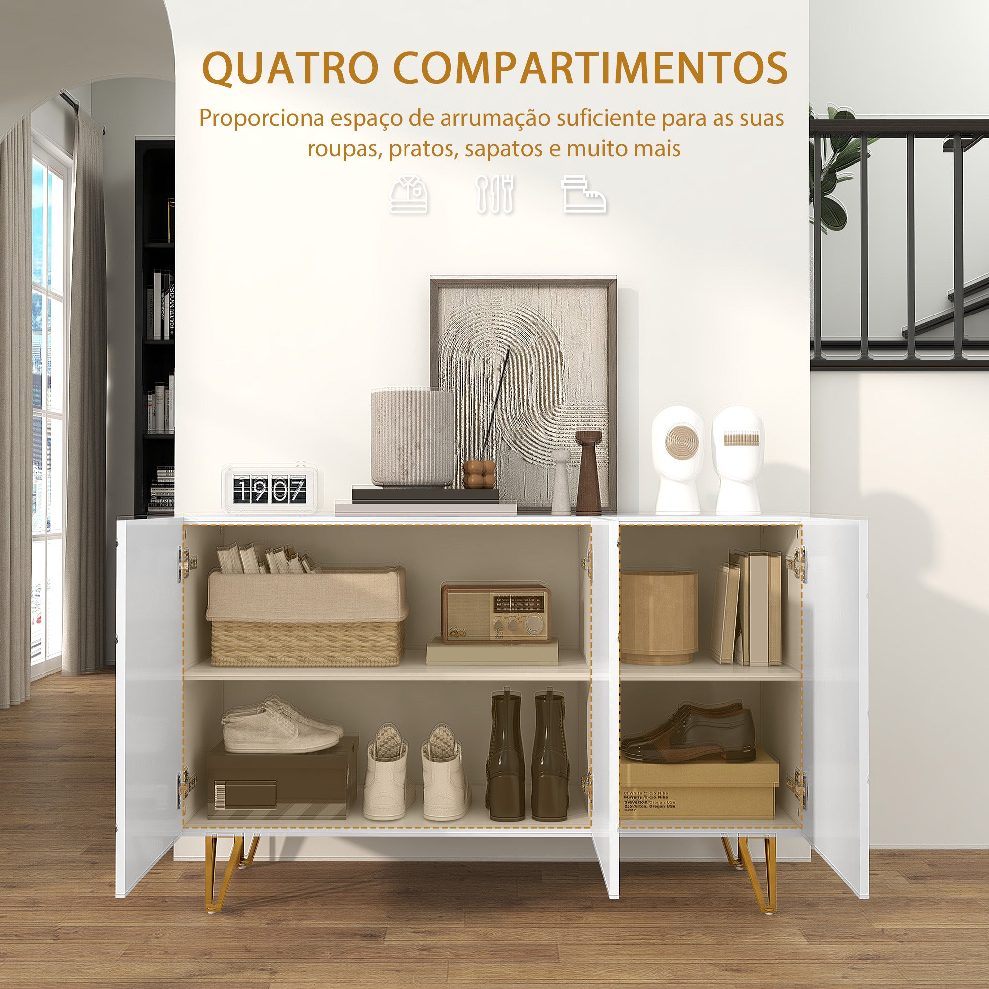 Aparador de Sala com 3 Portas e Prateleiras Ajustáveis 120x40x75 cm - Branco Brilhante