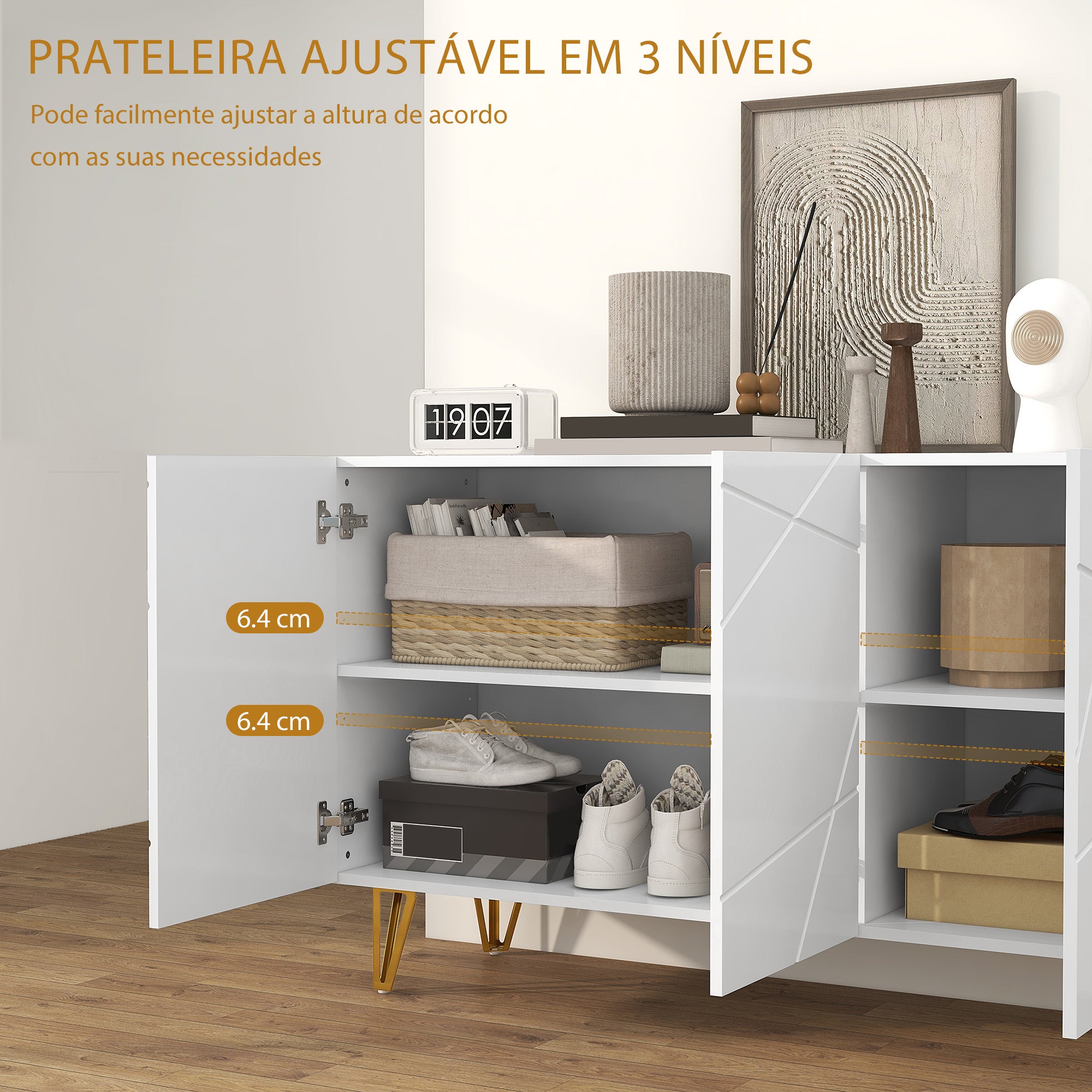 Aparador de Sala com 3 Portas e Prateleiras Ajustáveis 120x40x75 cm - Branco Brilhante