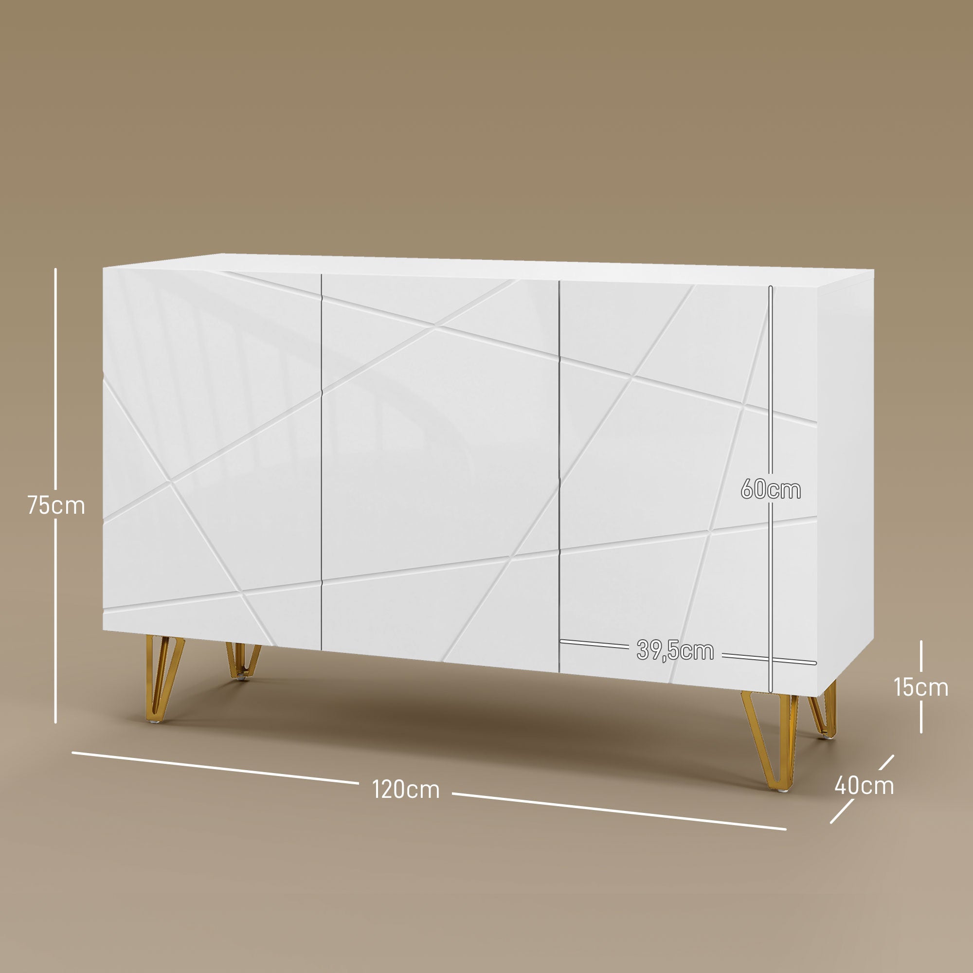 Aparador de Sala com 3 Portas e Prateleiras Ajustáveis 120x40x75 cm - Branco Brilhante