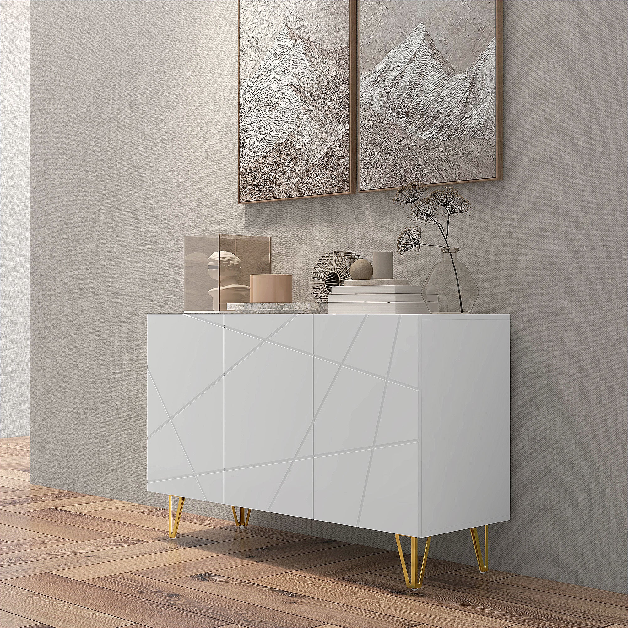 Aparador de Sala com 3 Portas e Prateleiras Ajustáveis 120x40x75 cm - Branco Brilhante