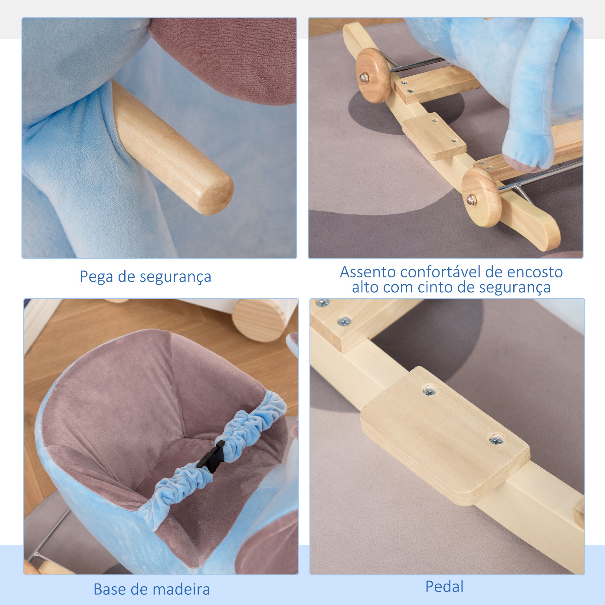 Baloiço Elefante Azul para Bebés – 60x35x45 cm – Madeira de Choupo